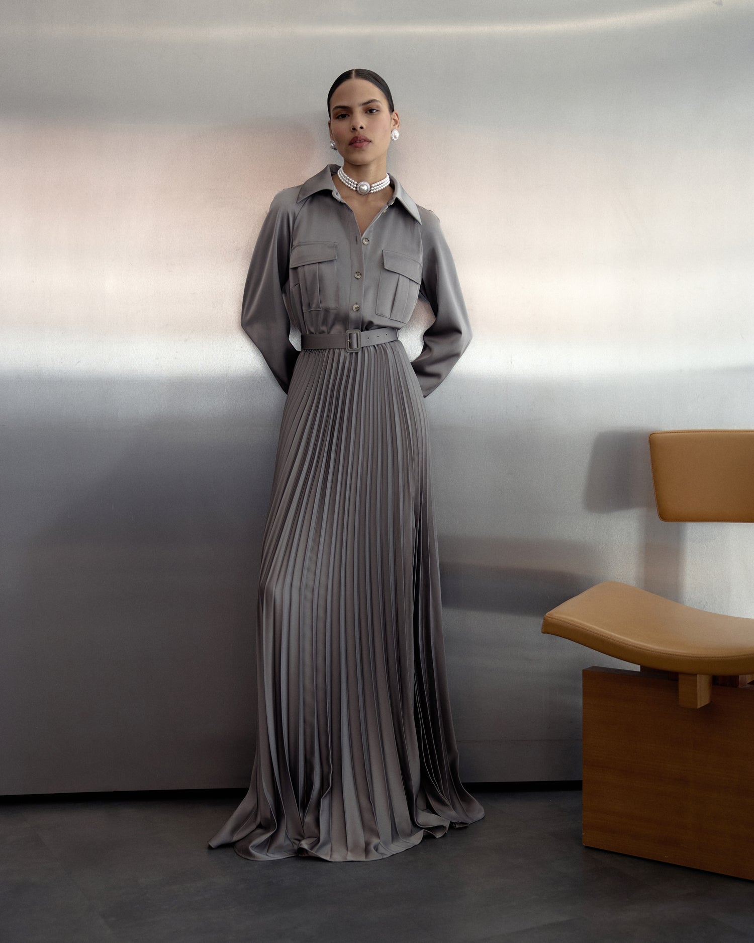 Grey Satin Pleated Maxi Dress – self-portrait