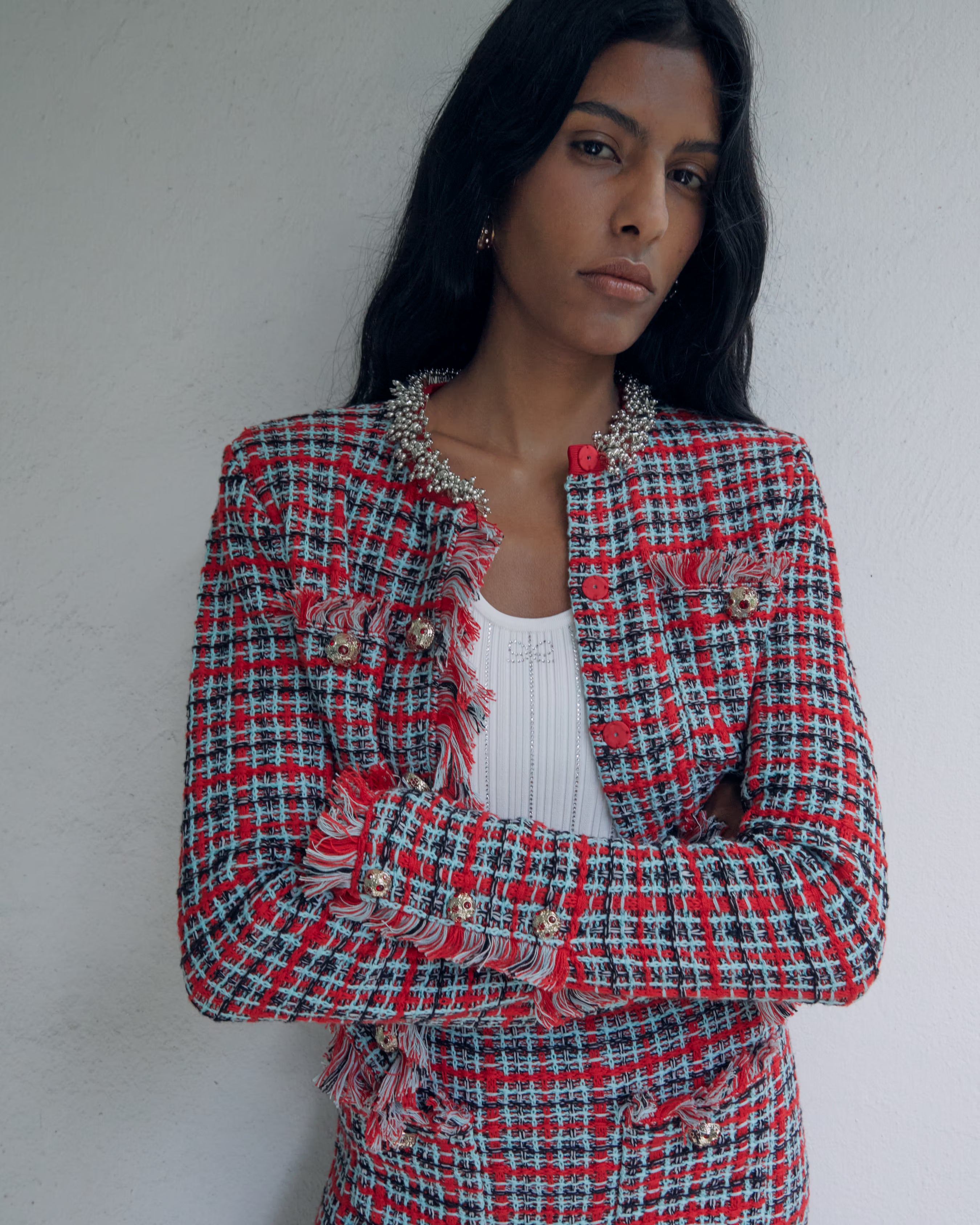 Red Check Frayed Knit Midi Skirt