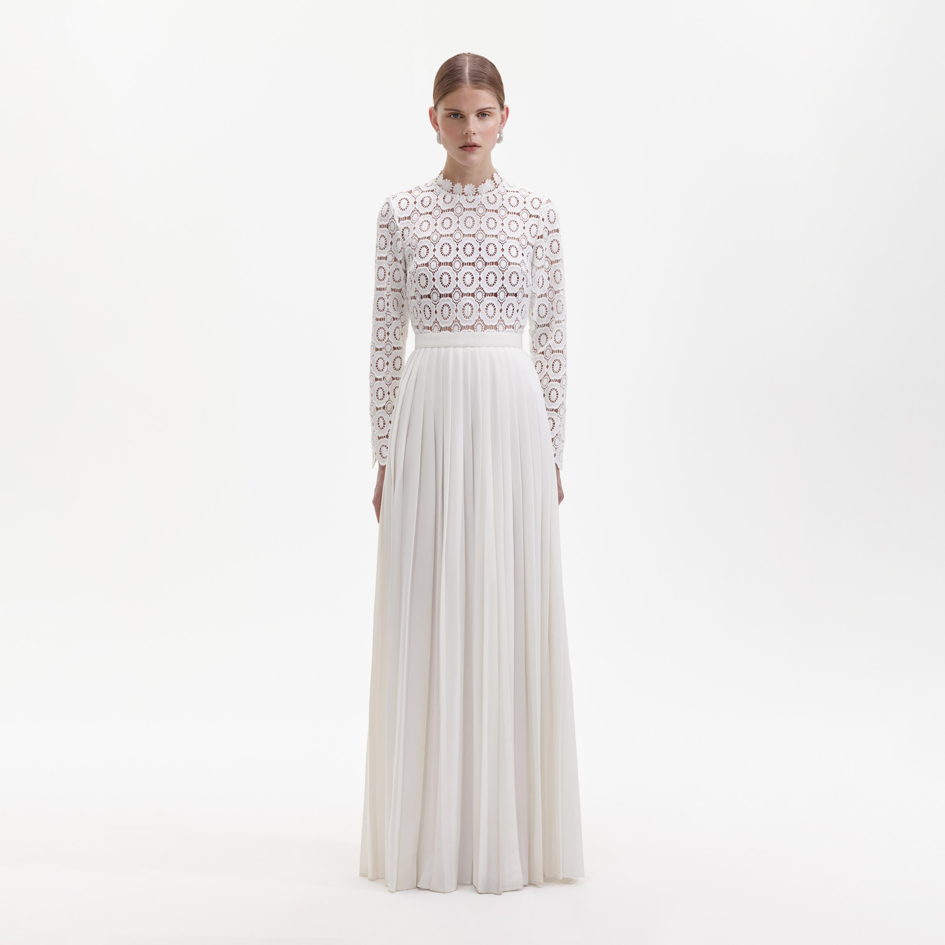 Pleated Crochet Floral Maxi Dress – self-portrait