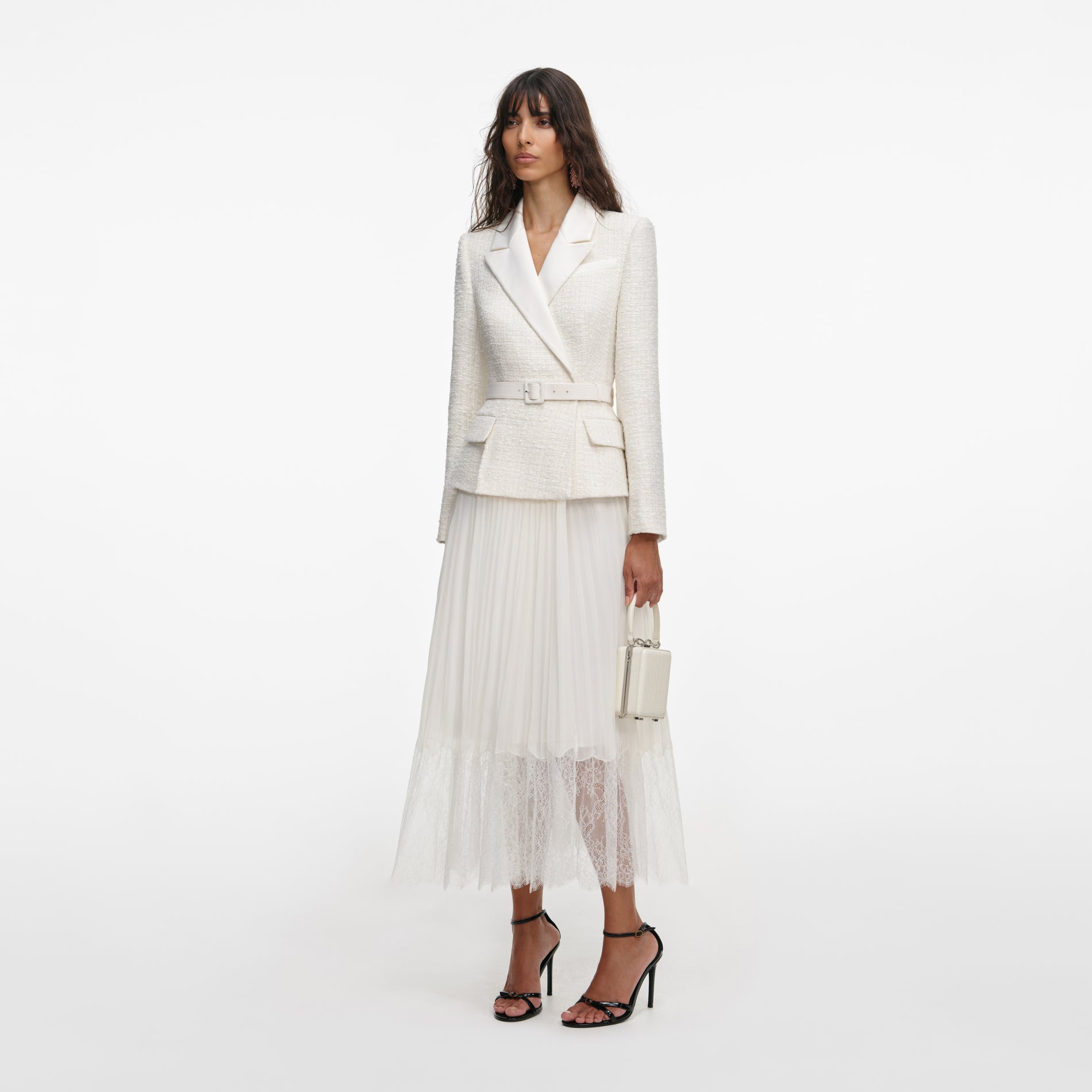 Cream Tailored Bouclé And Chiffon Midi Dress
