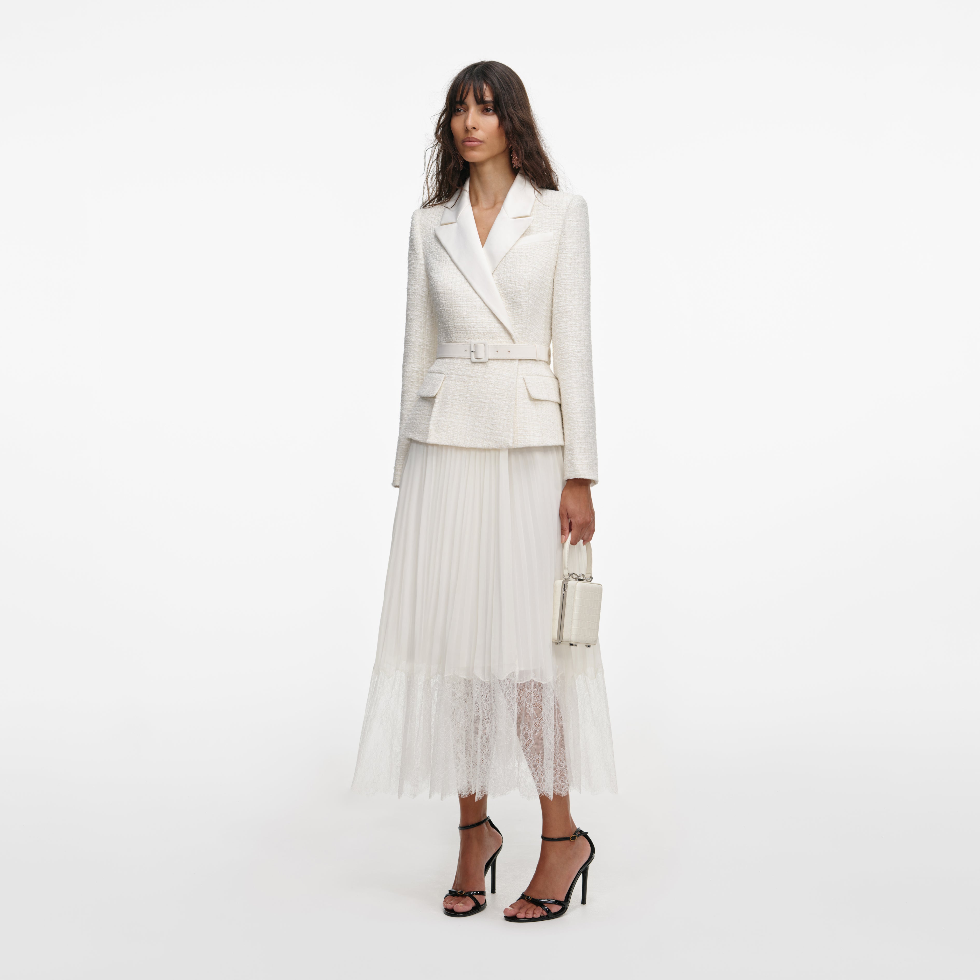 Cream Tailored Bouclé And Chiffon Midi Dress