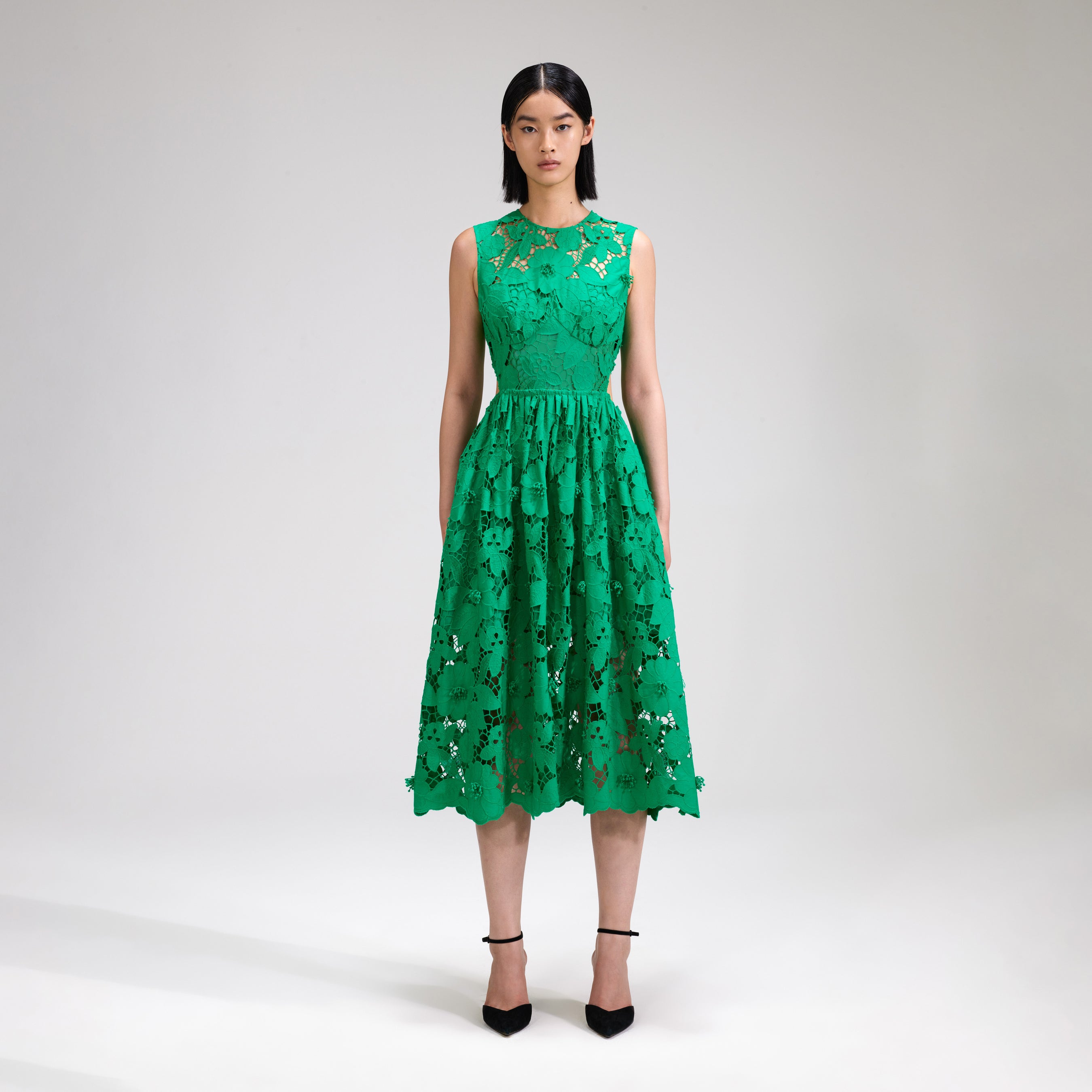 Green 3D Cotton Lace Midi Dress