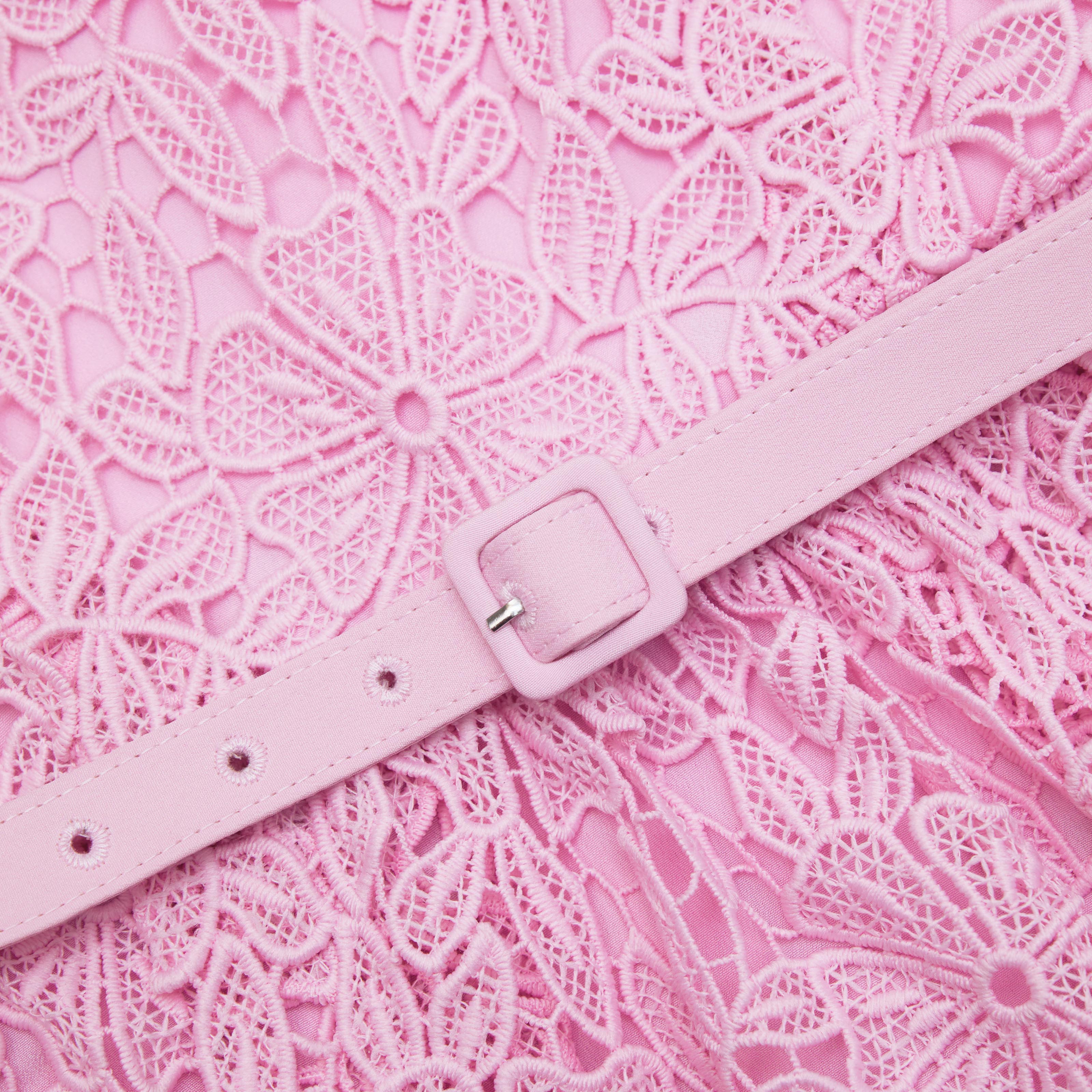 핑크 기퓌르 라운드 넥 미니 드레스