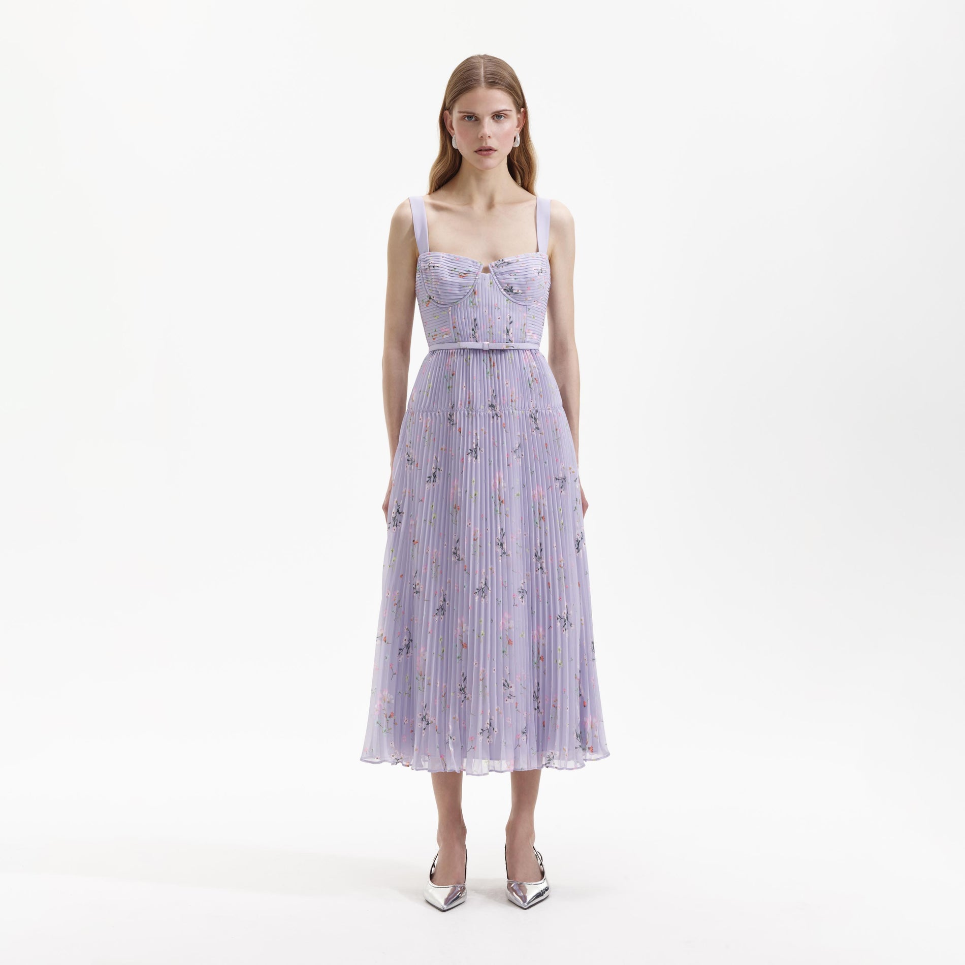 Front view of a woman wearing the Lilac Floral Chiffon Midi Dress