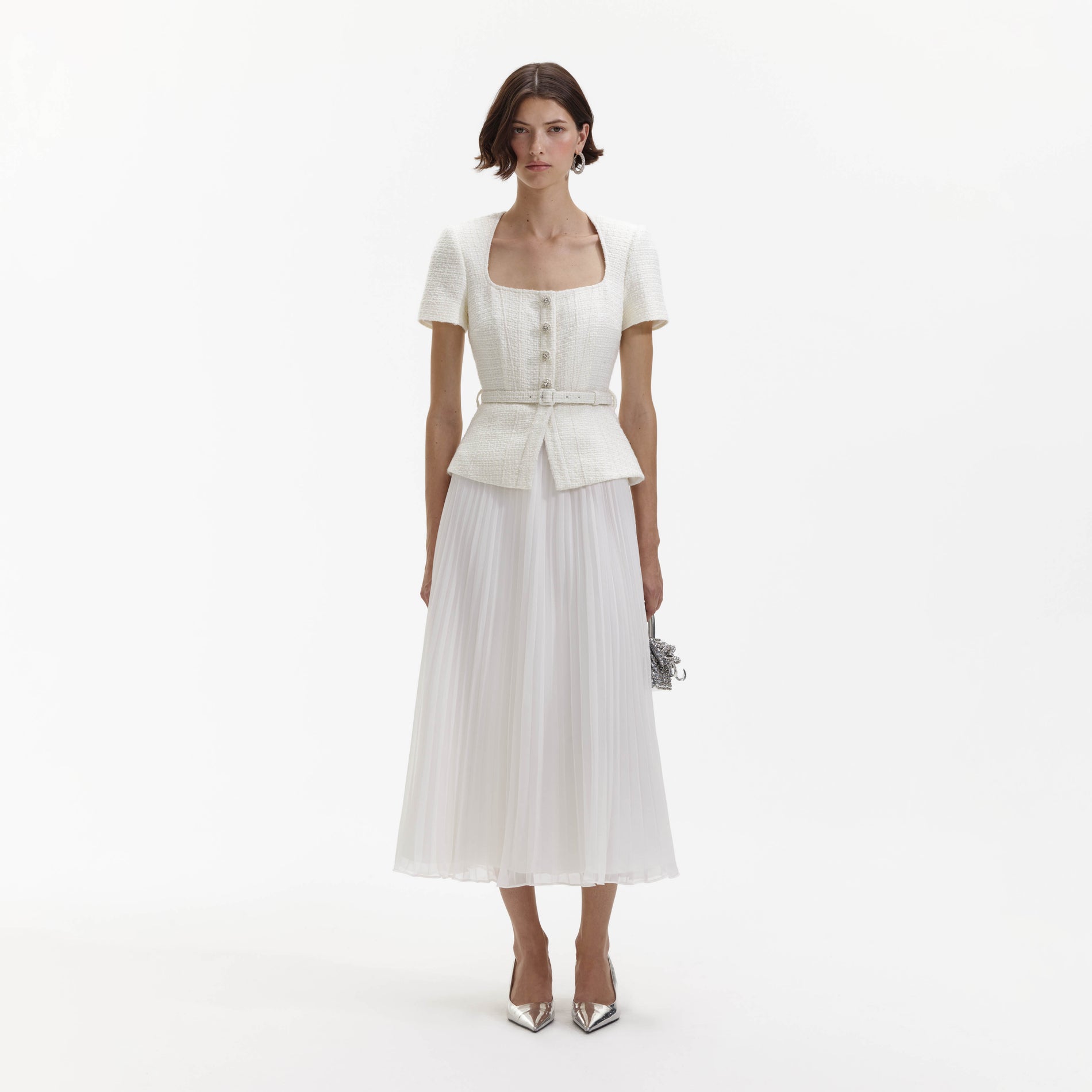 Front view of a woman wearing the Cream Boucle Chiffon Midi Dress