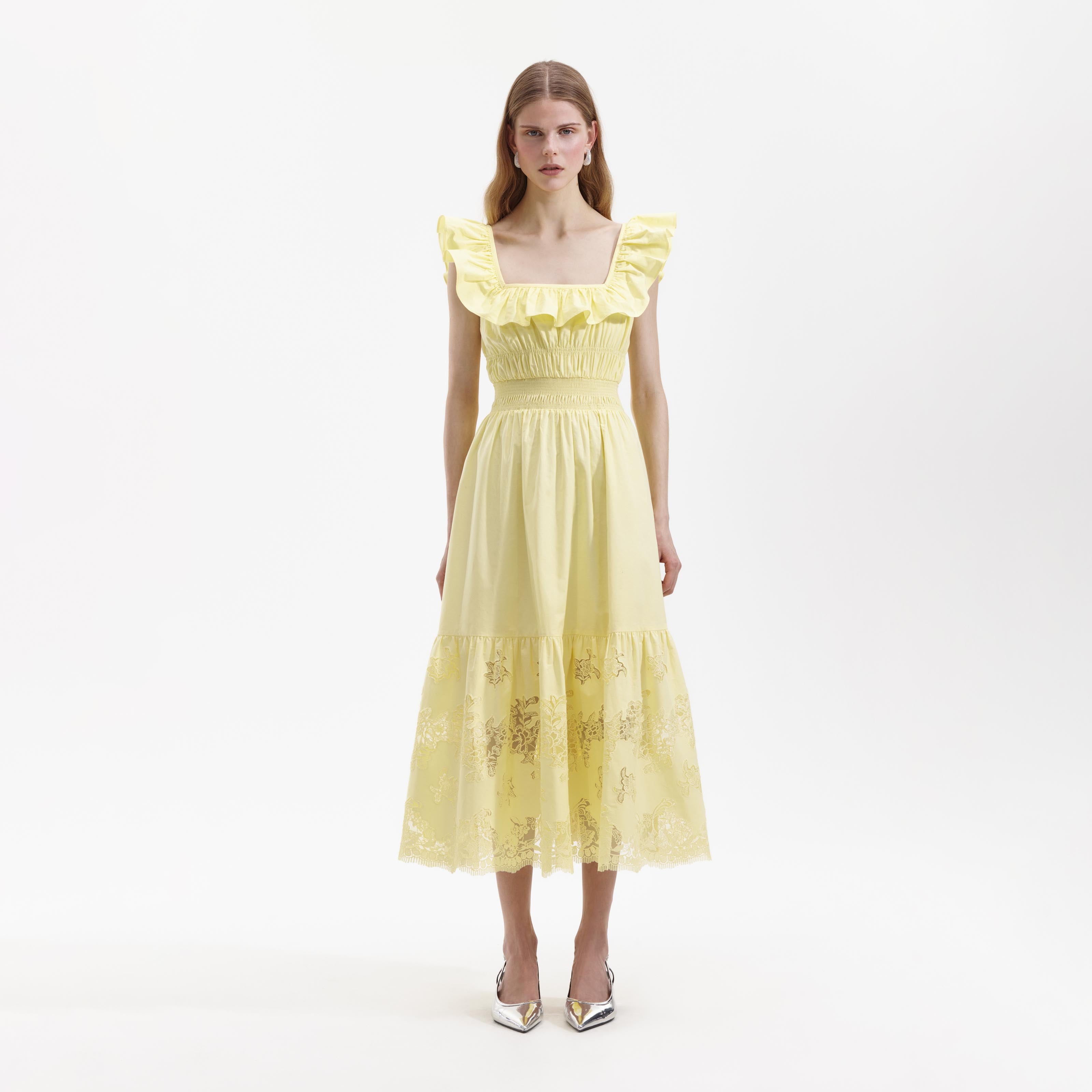 Yellow Cotton Ruffle Midi Dress