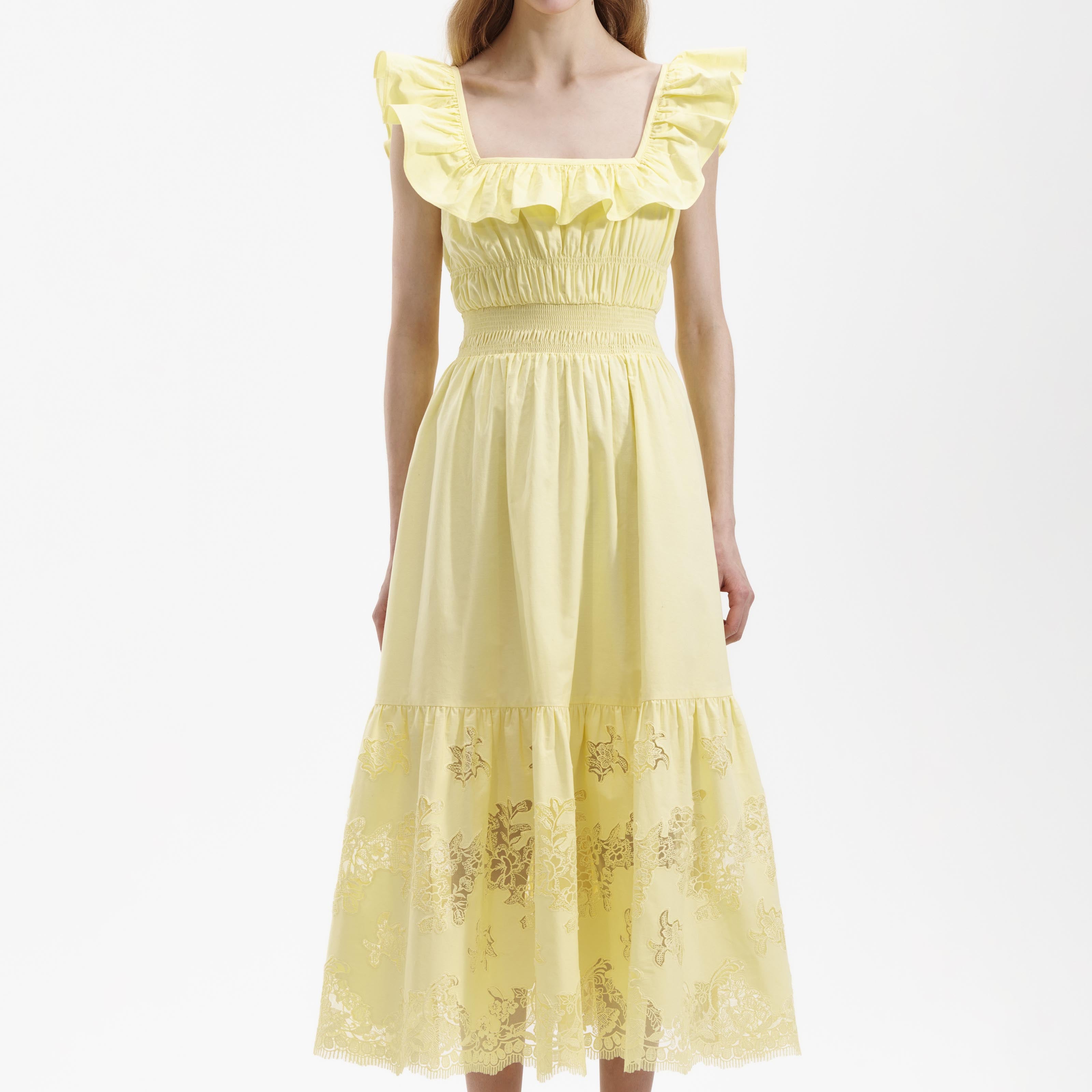 Yellow Cotton Ruffle Midi Dress