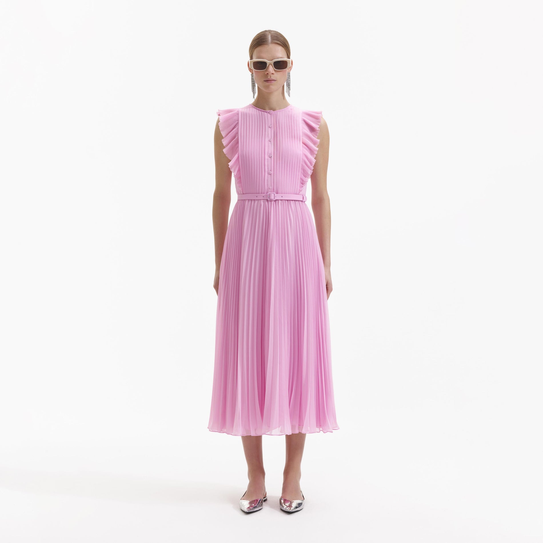 Front view of a woman wearing the Pink Chiffon Tunic Midi Dress