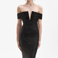 Black Rhinestone Bardot Midi Dress