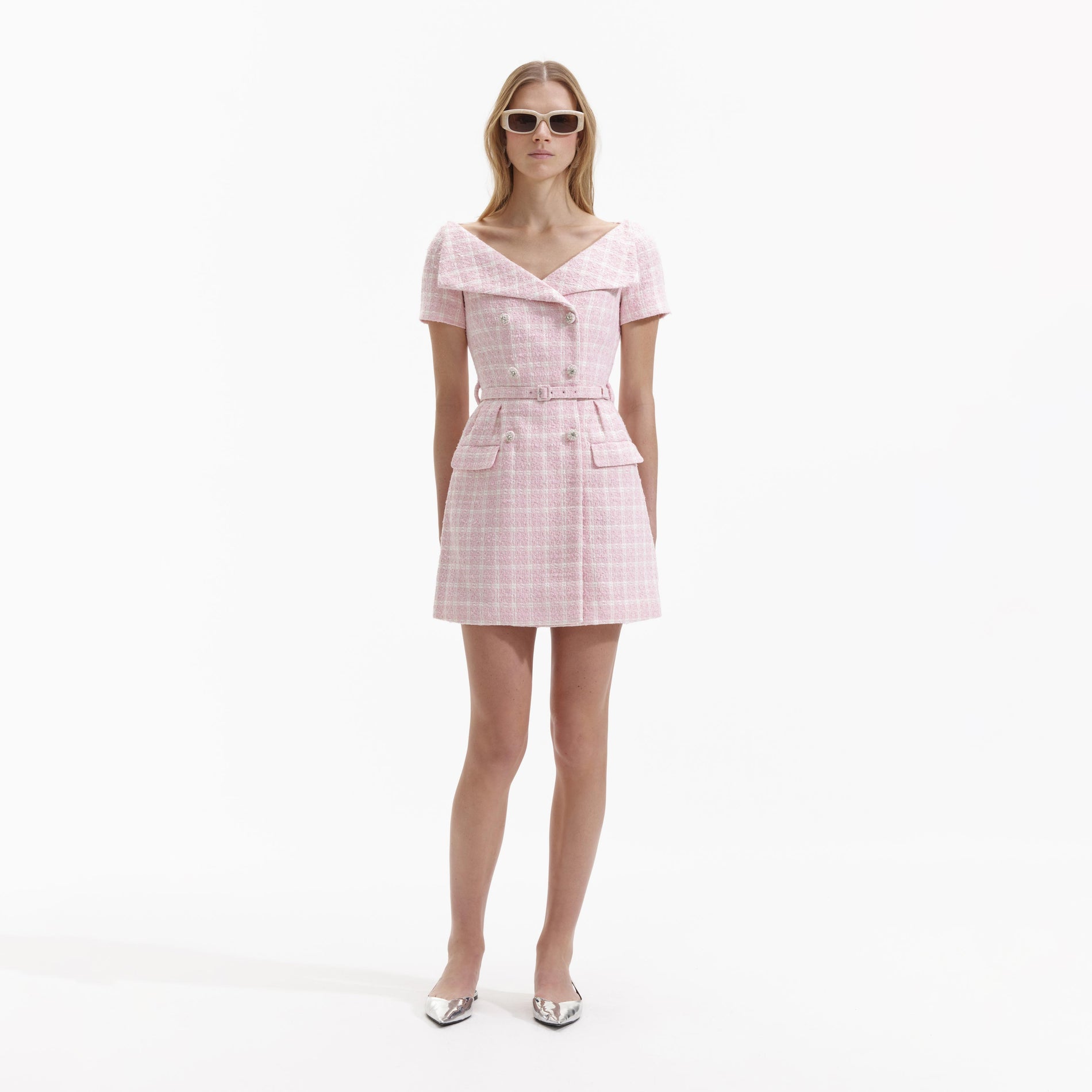 Pink Boucle Off Shoulder Mini Dress