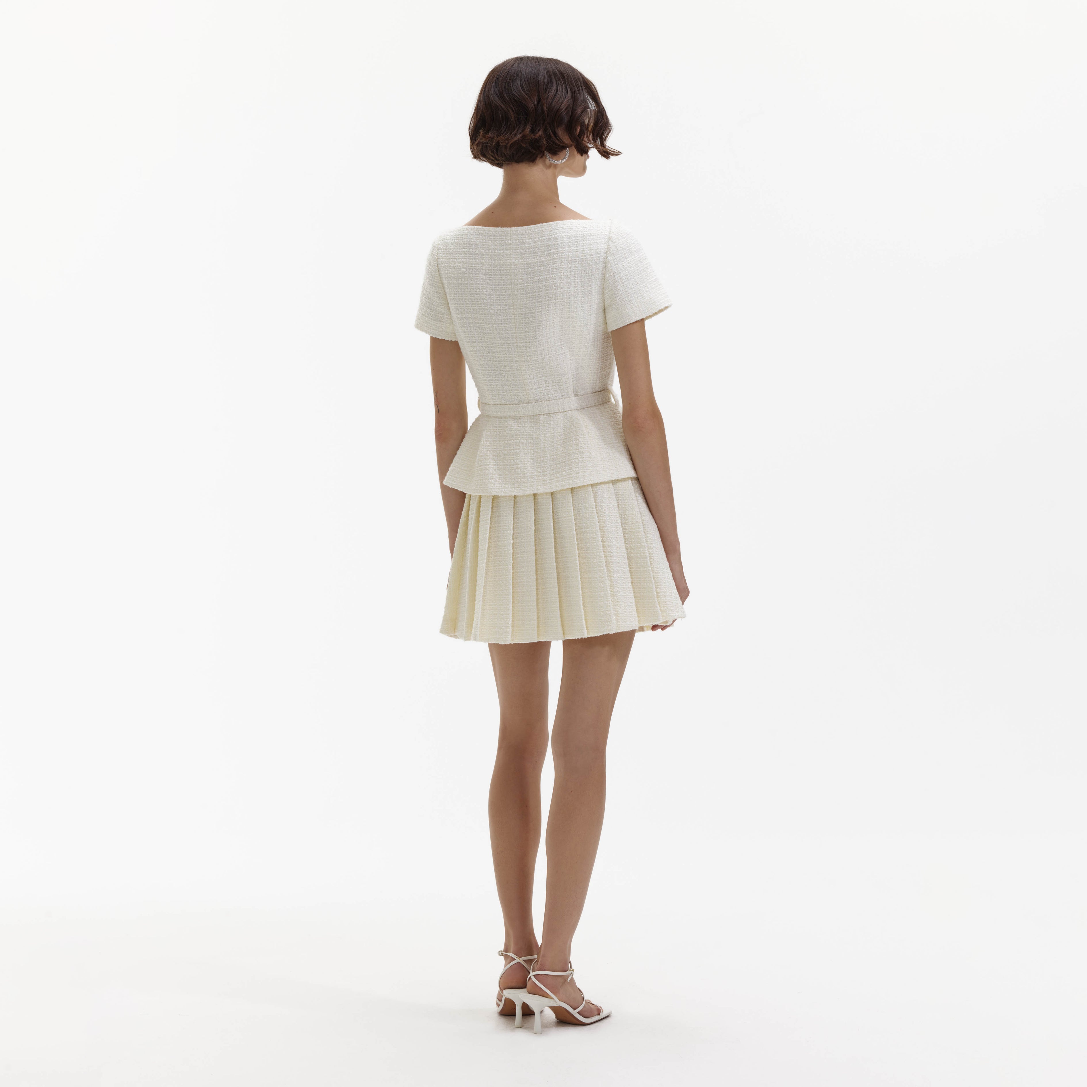 Cream Boucle Pleated Mini Dress