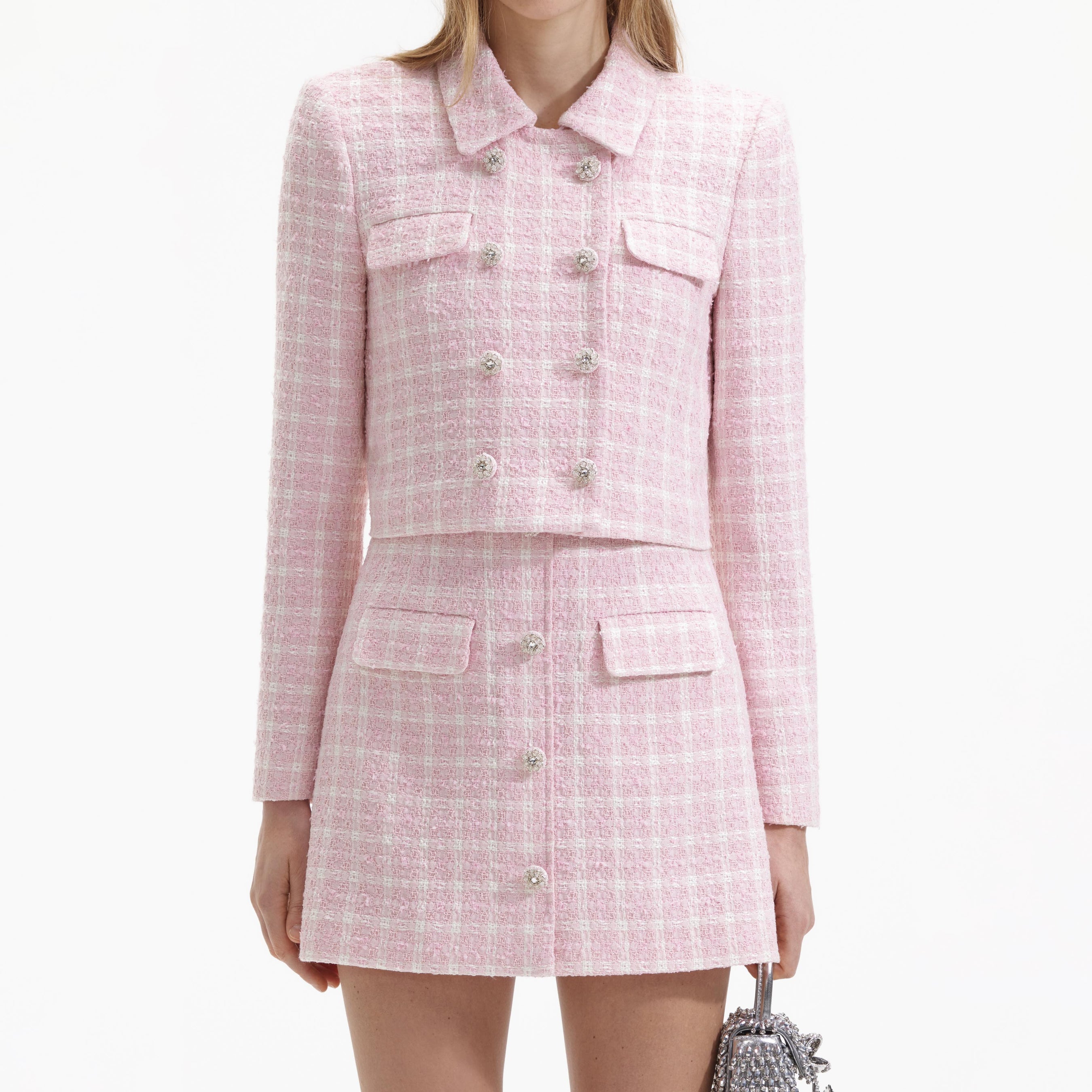 Pink Boucle Button Mini Skirt
