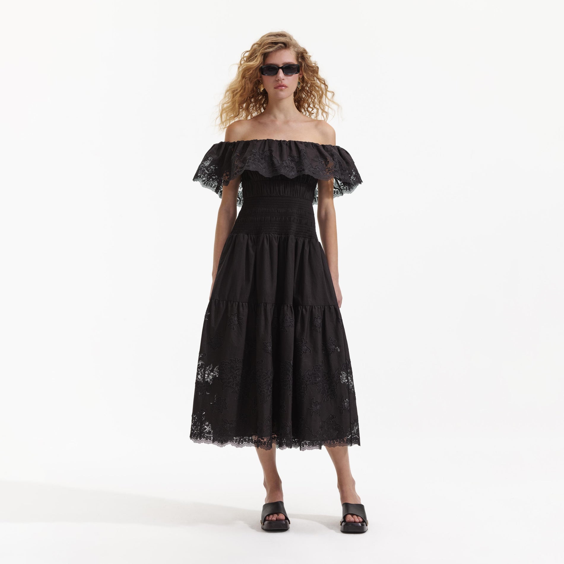 Self-Portrait Contrast Trim Geometric Guipure Lace Ruffle Dress in Black