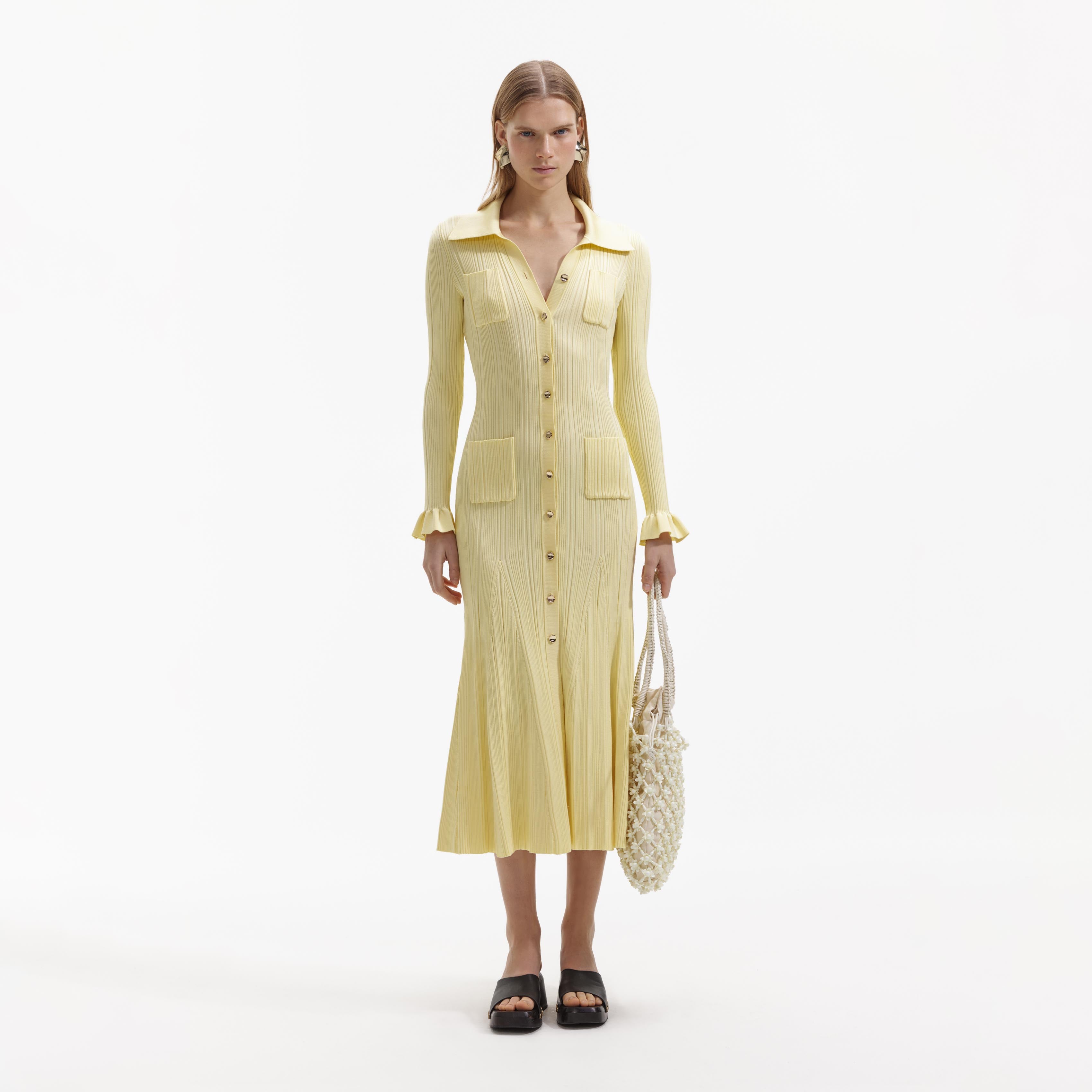 Yellow Ribbed Knit Midi Dress – self-portrait