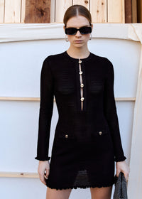 Black Crochet Buttoned Mini Dress