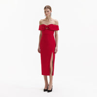 Red Crepe Off Shoulder Bow Midi Dress