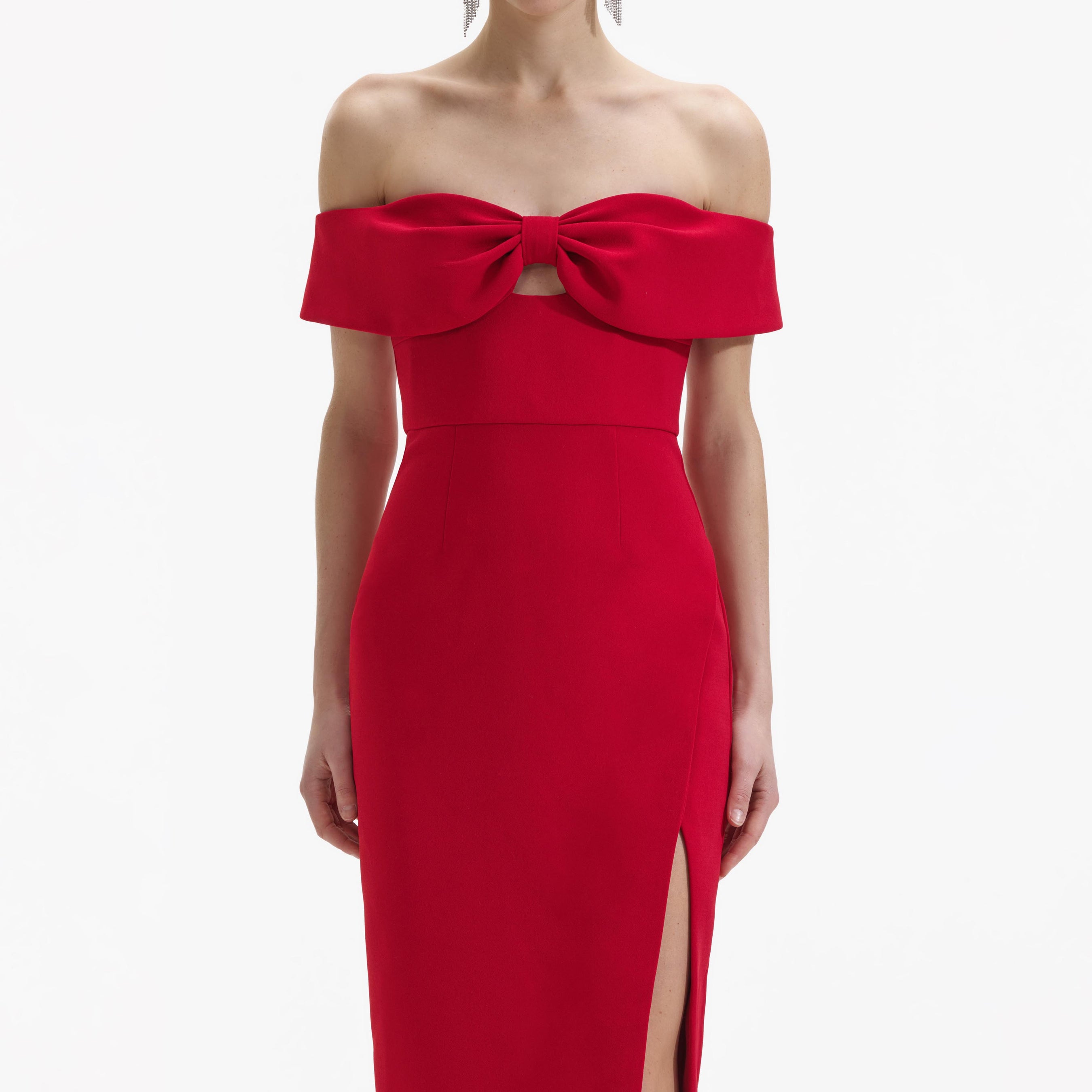 Red Crepe Off Shoulder Bow Midi Dress