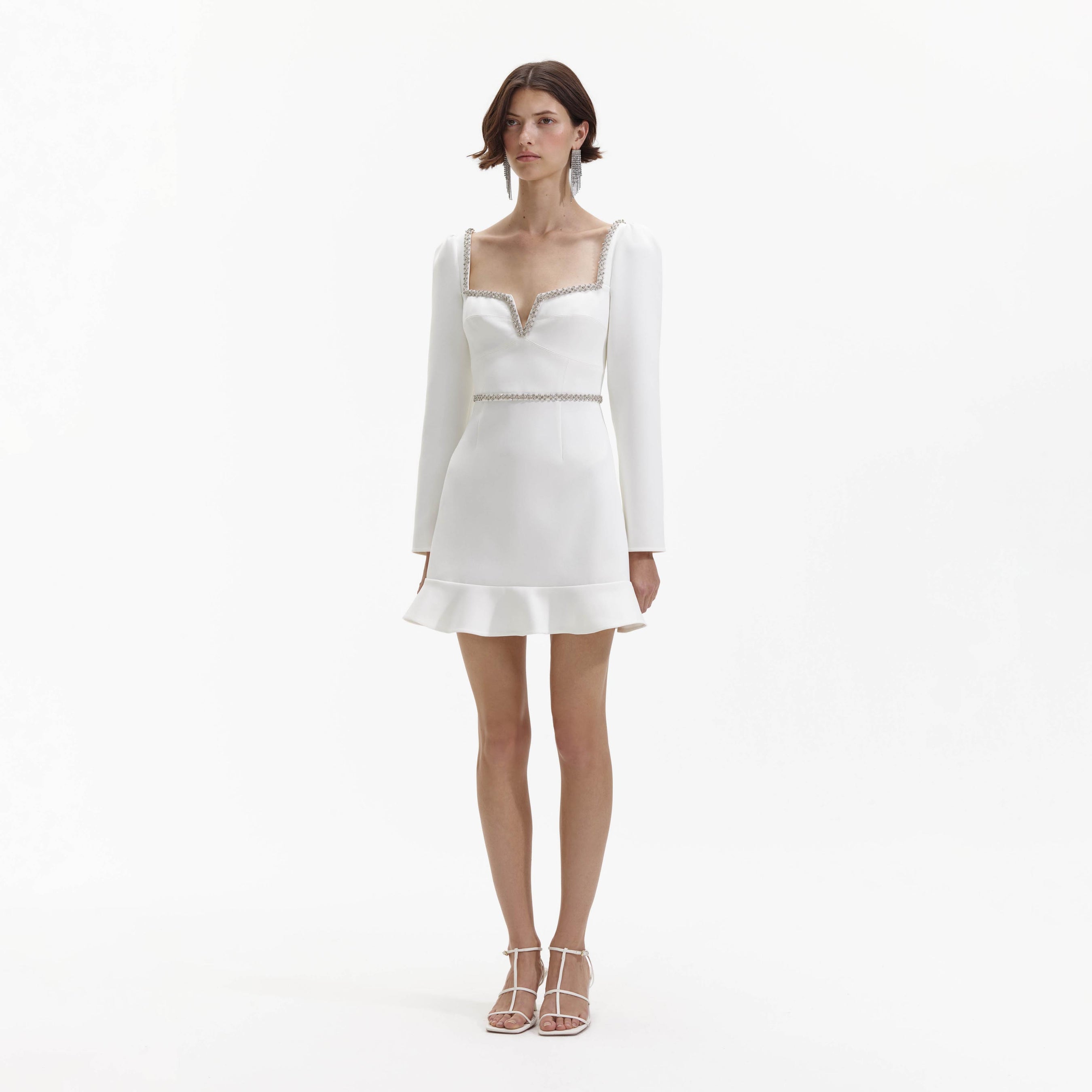 White Bonded Crepe Long Sleeve Mini Dress