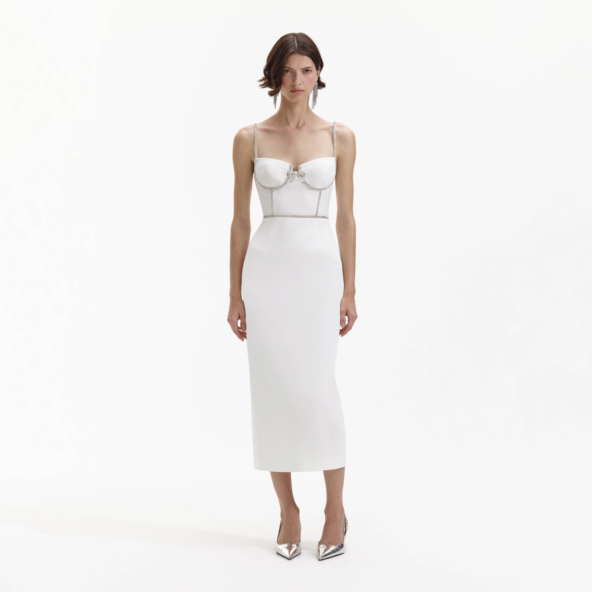 Front view of a woman wearing the White Bonded Crepe Midi Dress