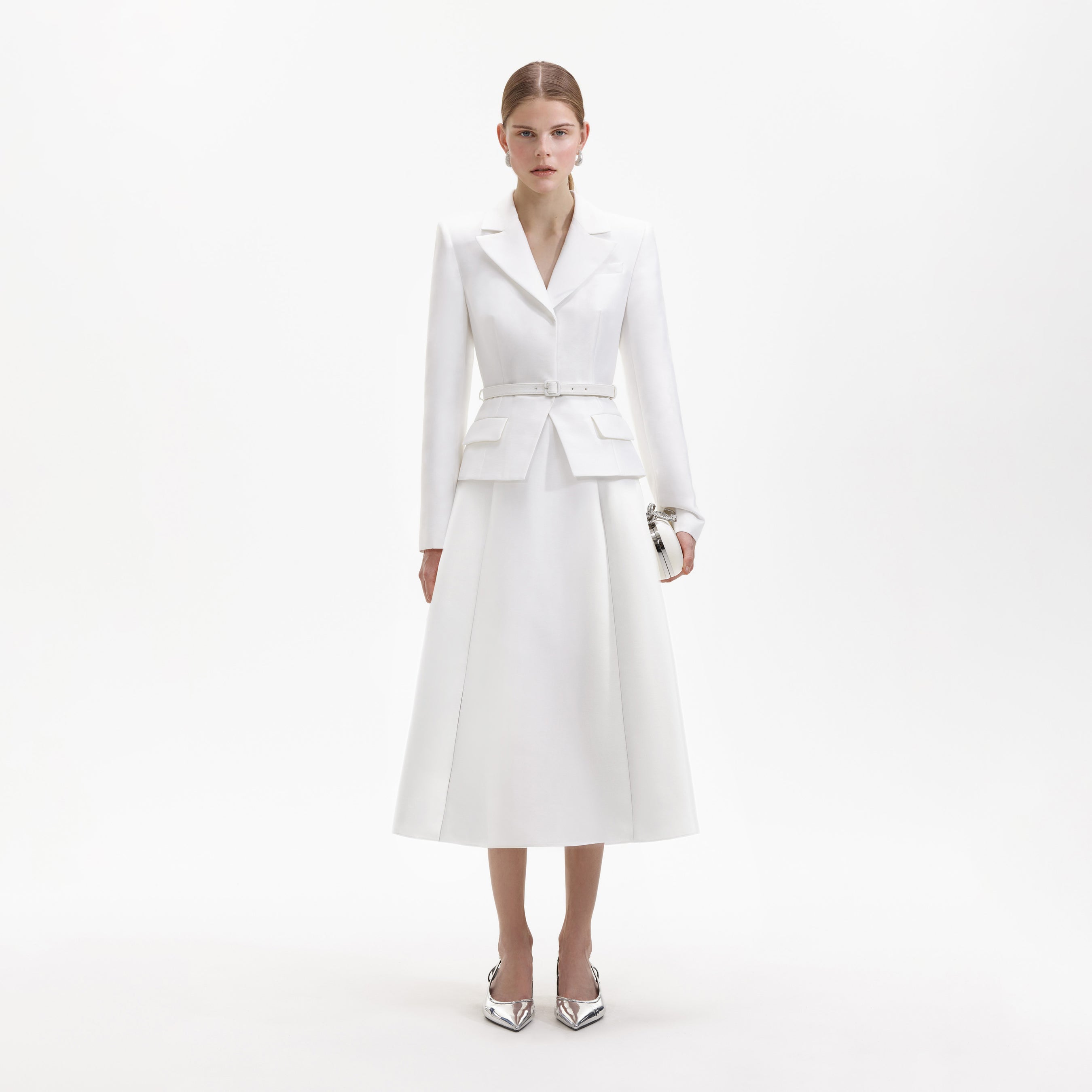 White Tailored Taffeta Midi Dress