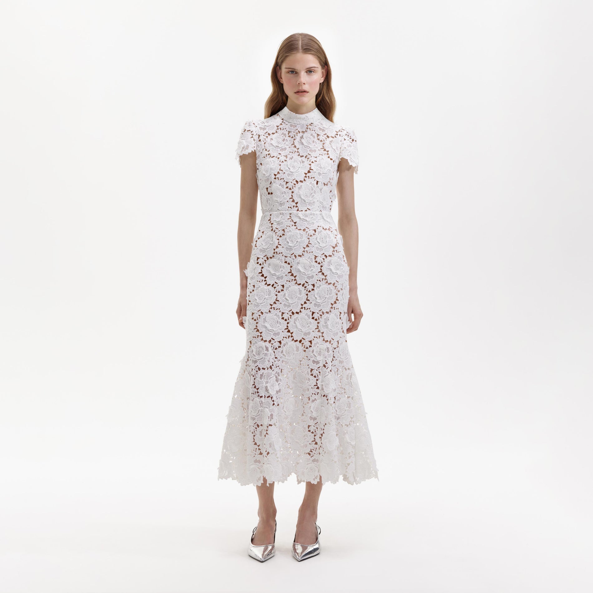 White 3D Flower Lace Midi Dress