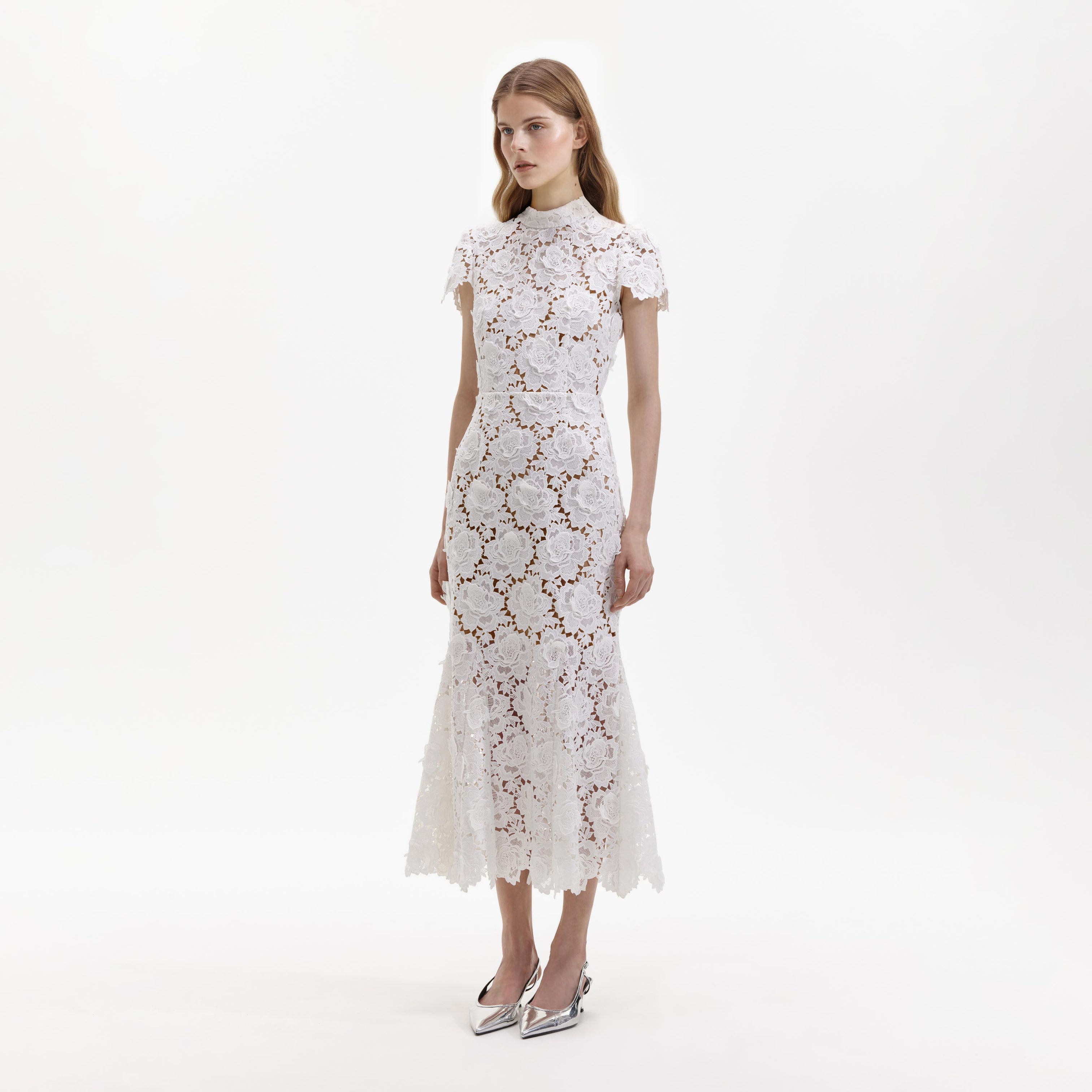 White Flower Lace Midi Dress – self-portrait