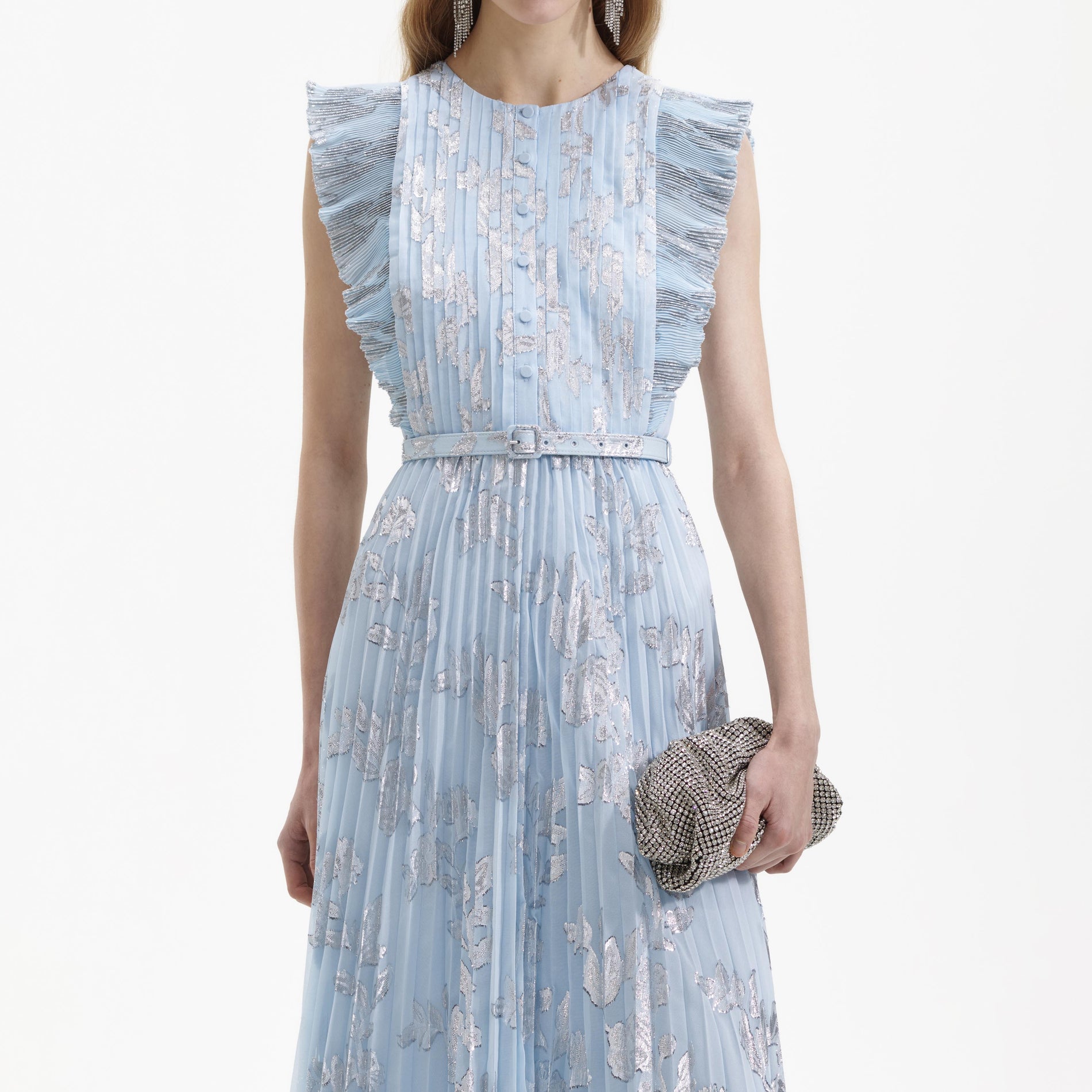 Back view of a woman wearing the Blue Metallic Chiffon Maxi Dress