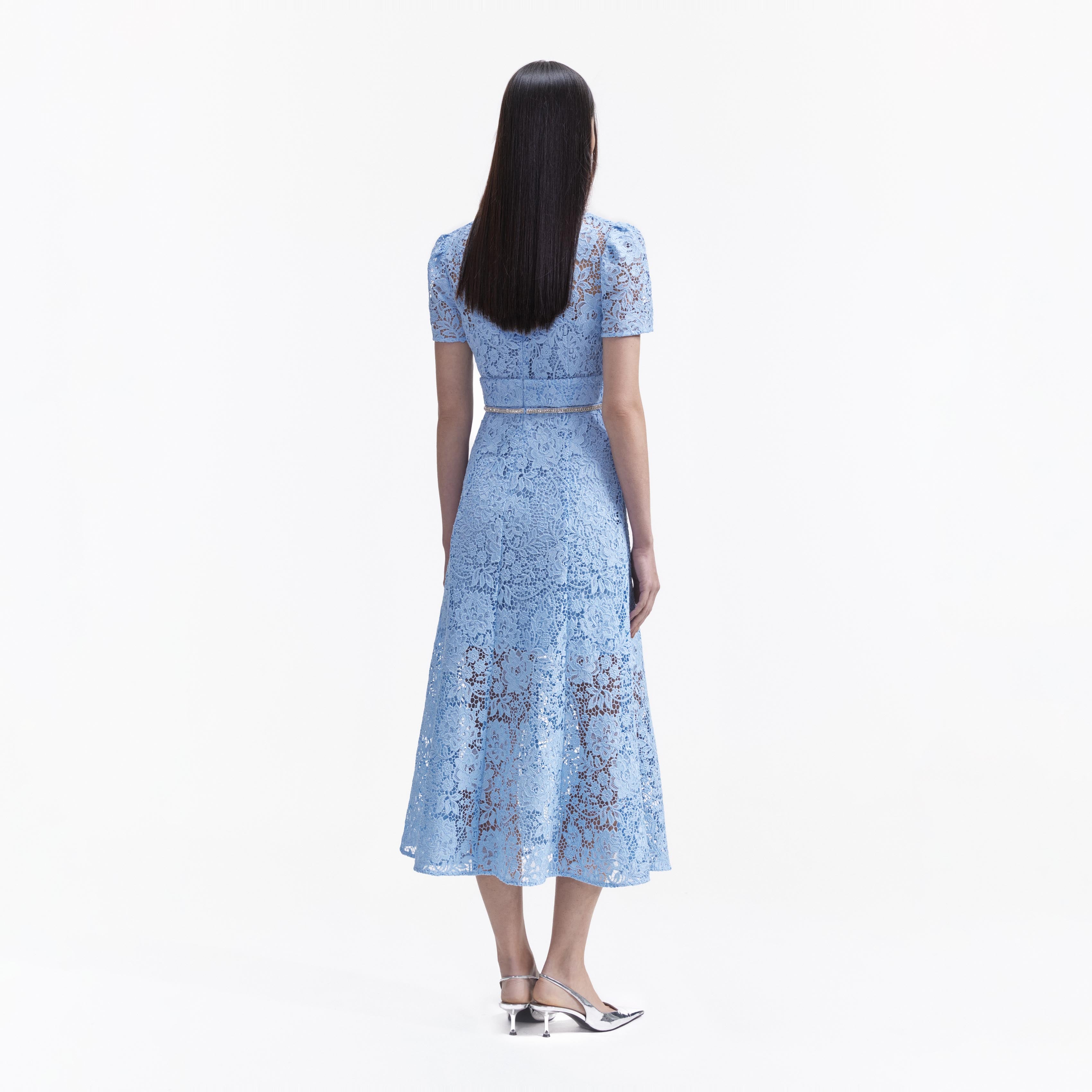 Blue Cord Lace Bow Midi Dress