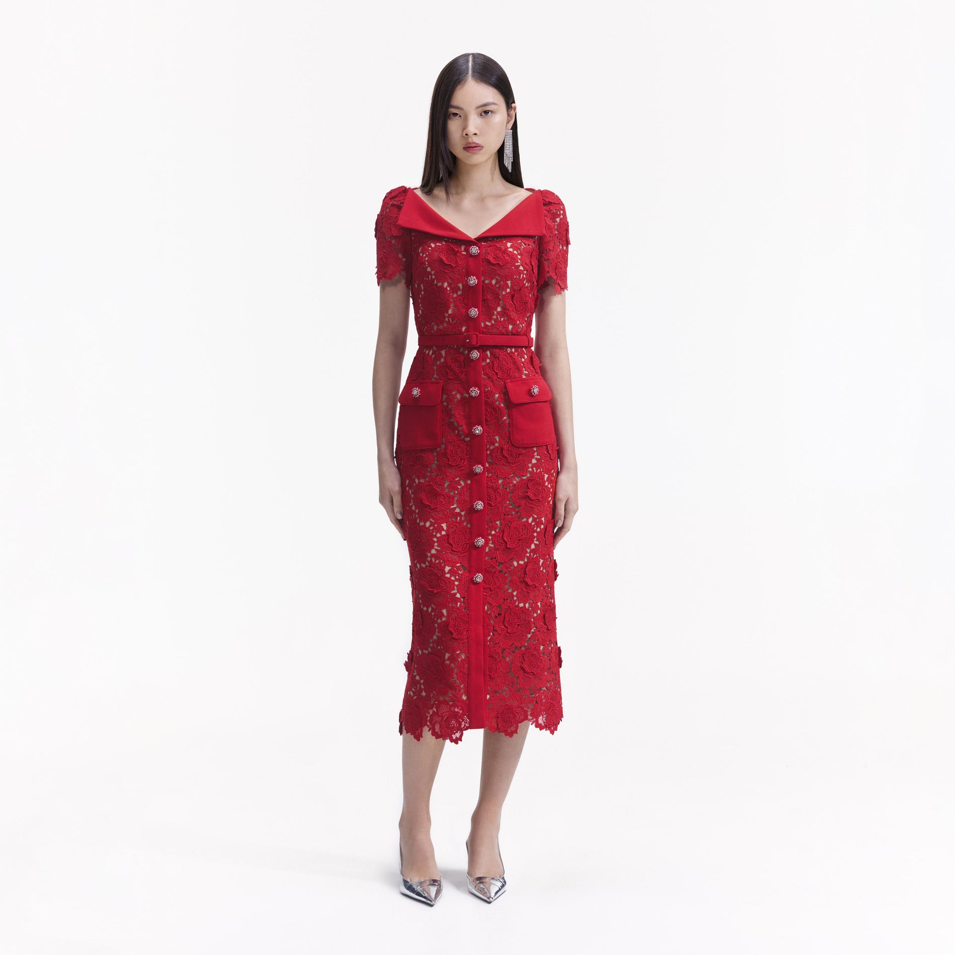 Front view of a woman wearing the Red Lace Open Neck Midi Dress
