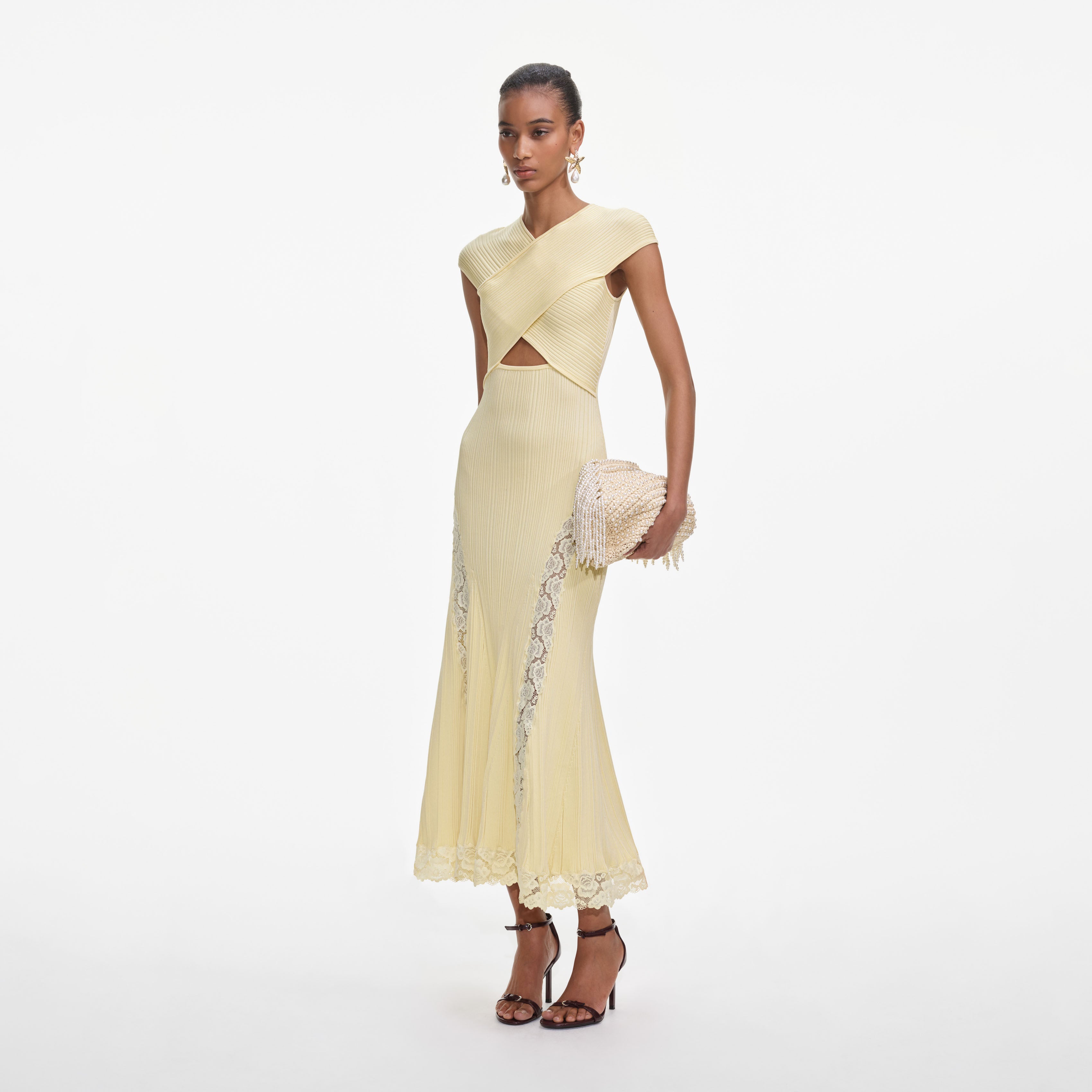 옐로우 니트 레이스 인서트 미디 드레스