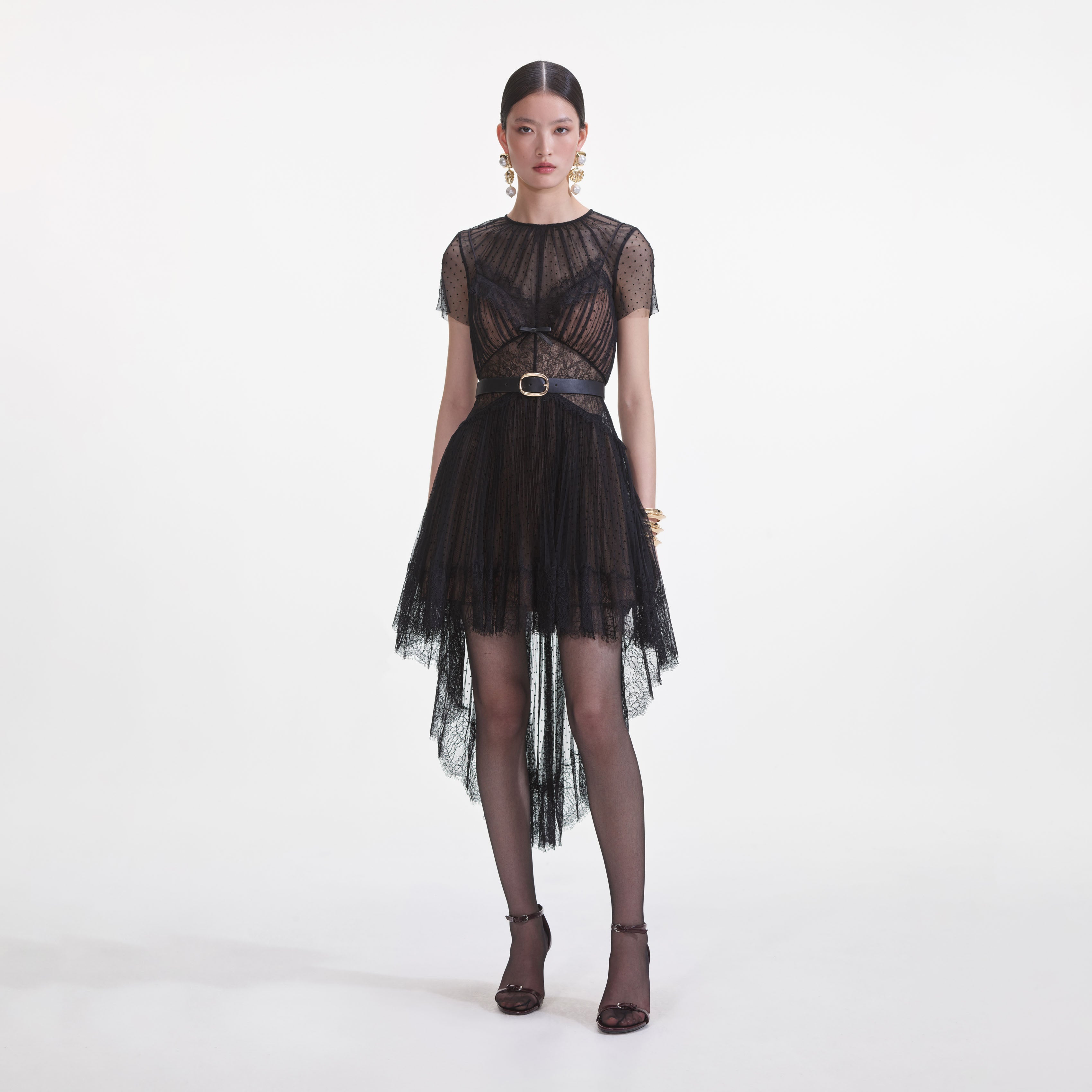 블랙 도트 메쉬 미니 드레스