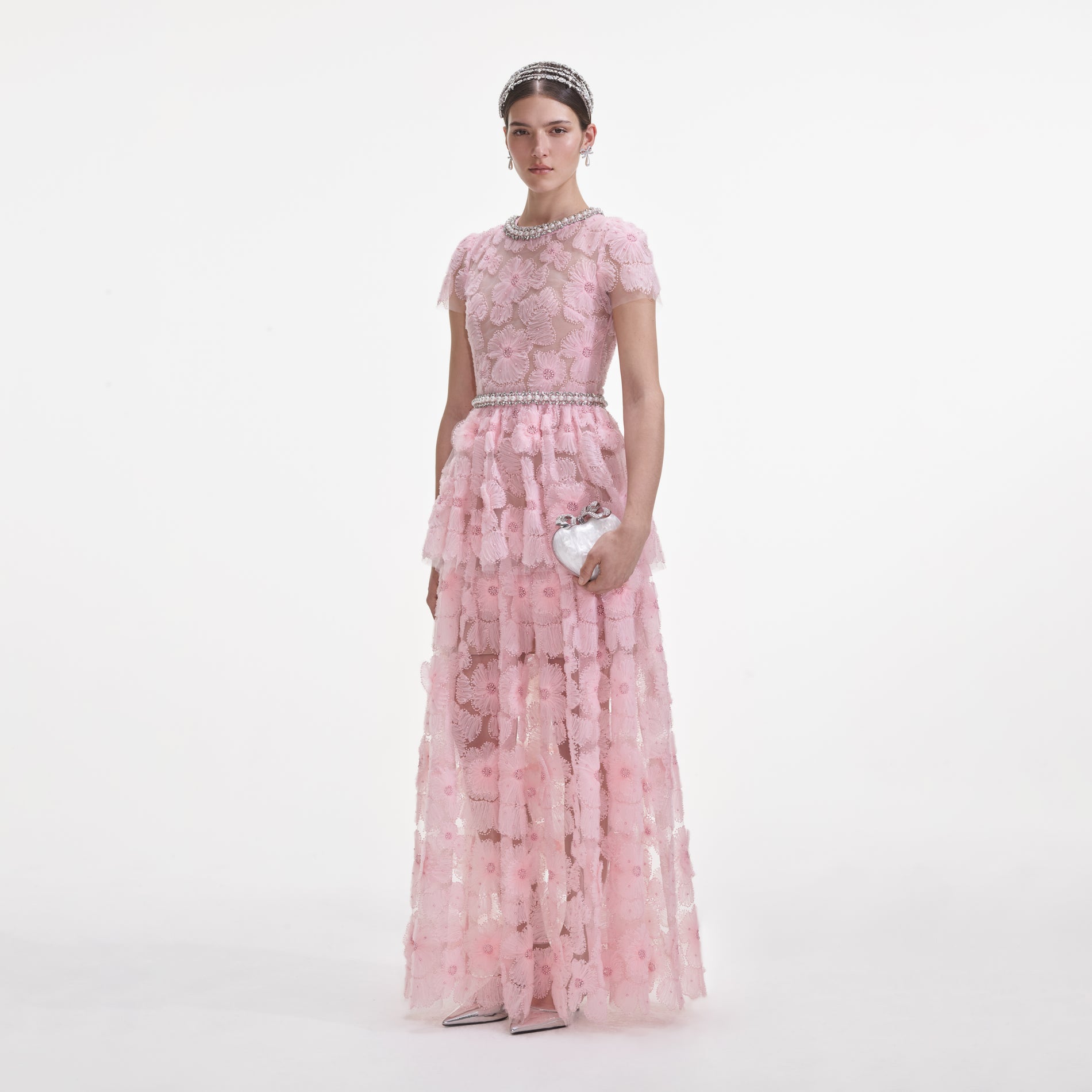 Side view of a woman wearing the Pink Embellished Tulle Maxi Dress
