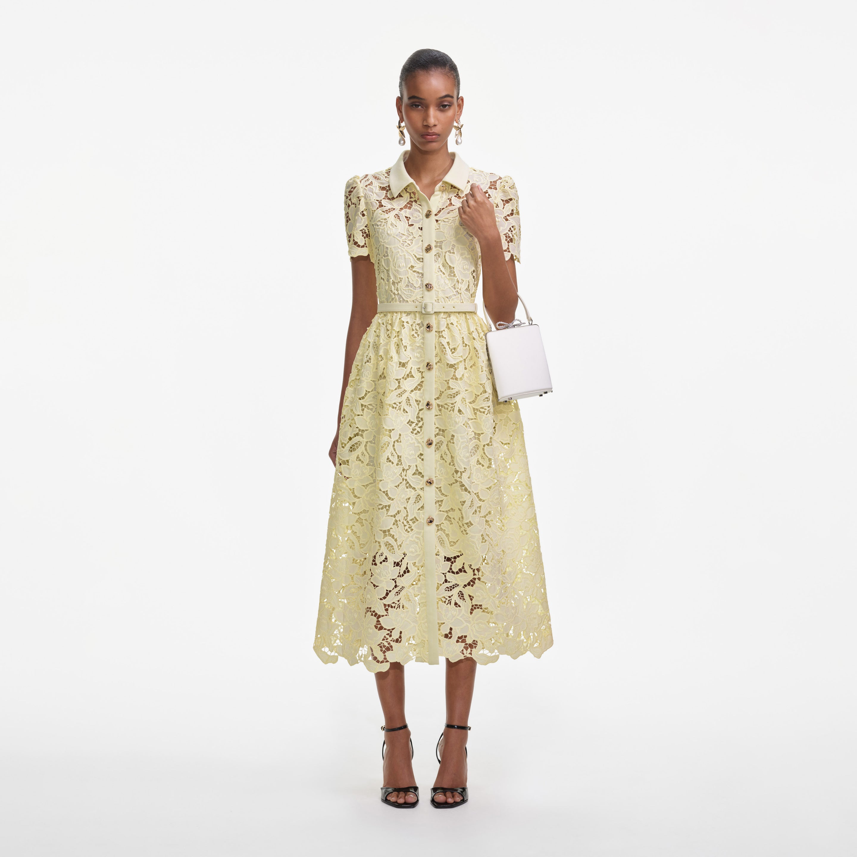 Yellow Lace Collared Midi Dress  self-portrait