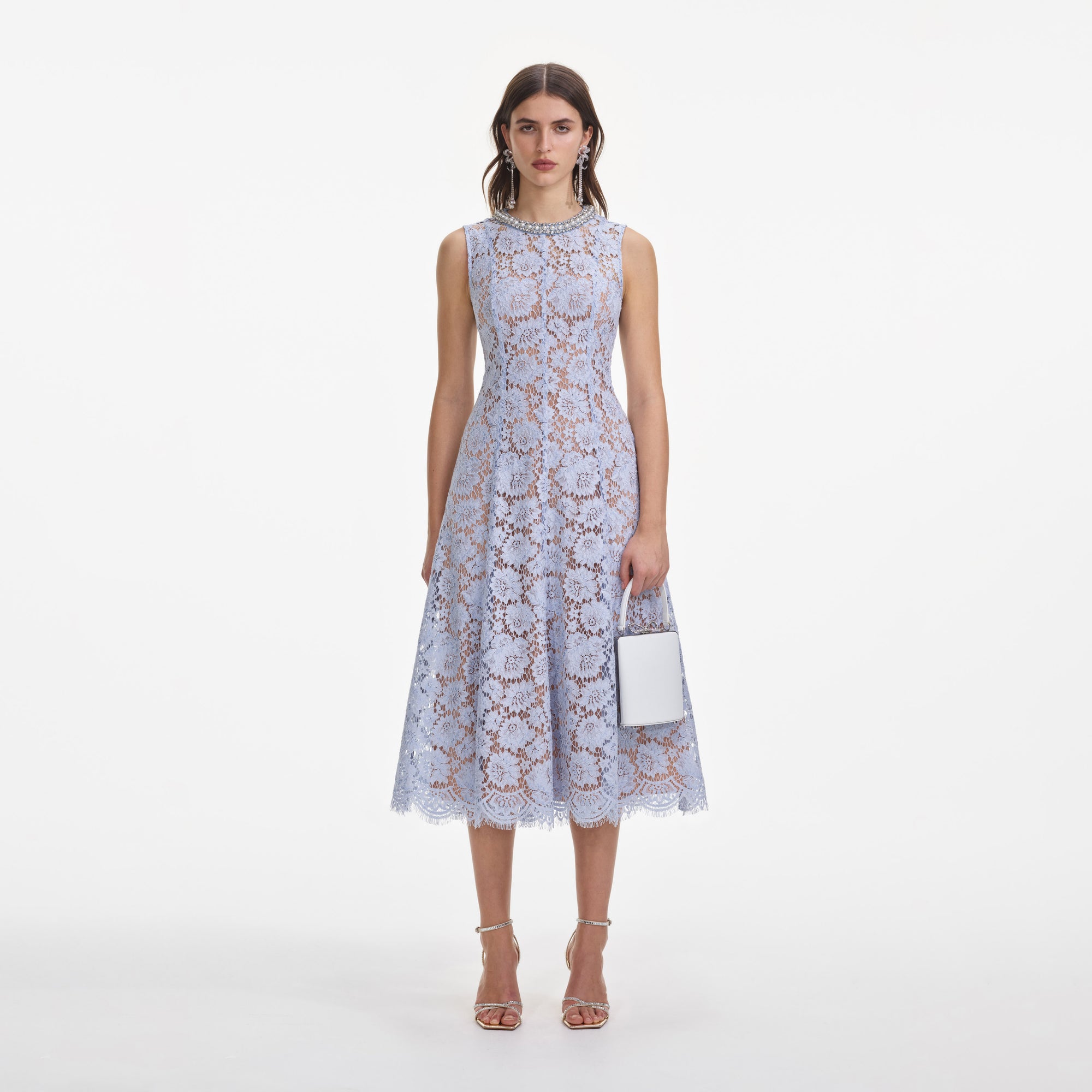 Front view of a woman wearing the Blue Fine Lace Pearl Midi Dress