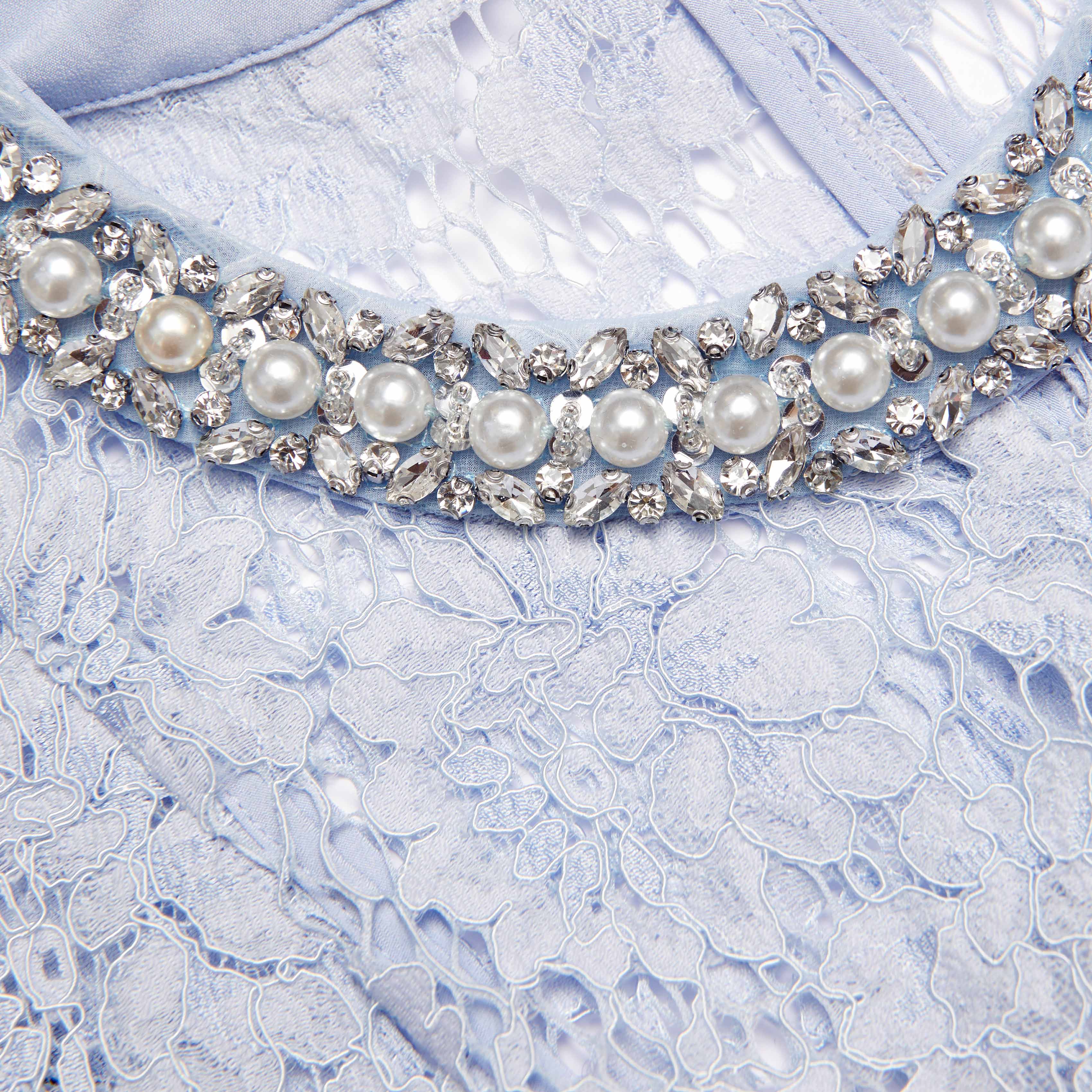 Blue Fine Lace Pearl Midi Dress