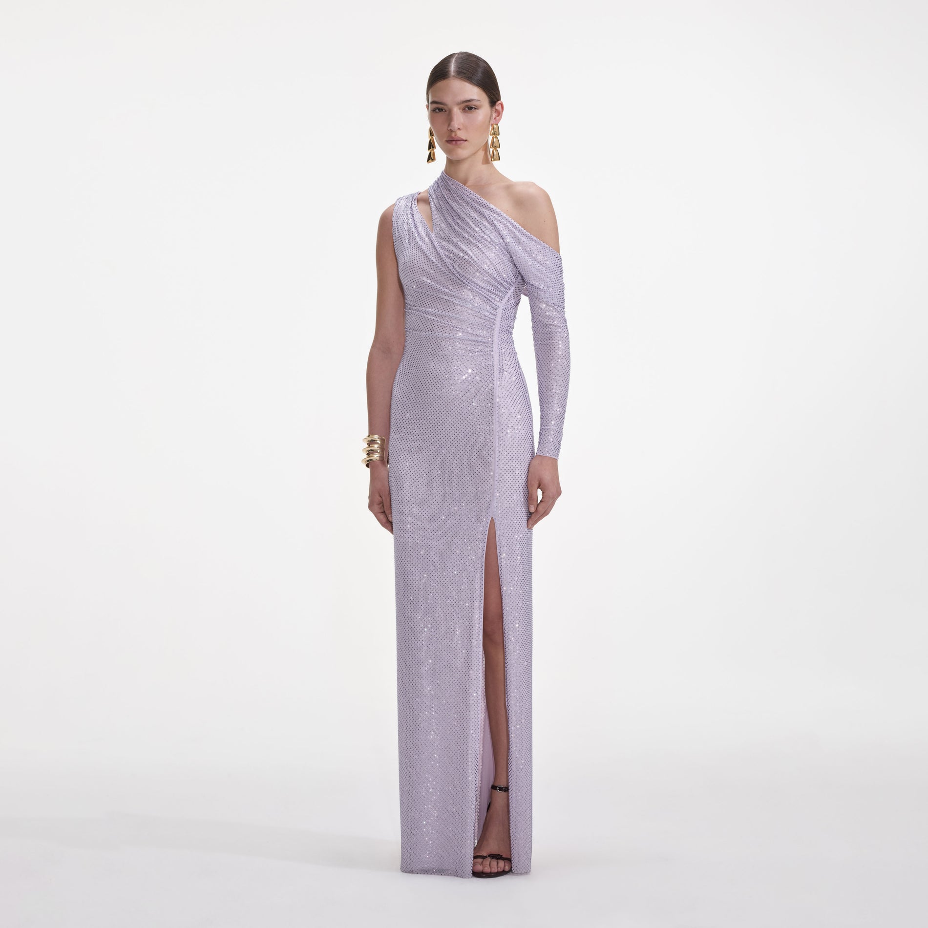 Side view of a woman wearing the Lilac Rhinestone Gathered Maxi Dress