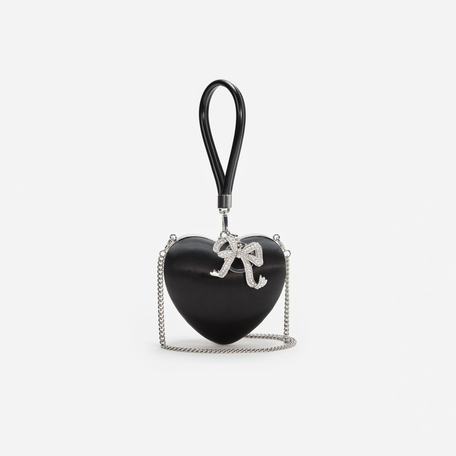 A photo of the Black Satin Top Handle Heart Clutch
