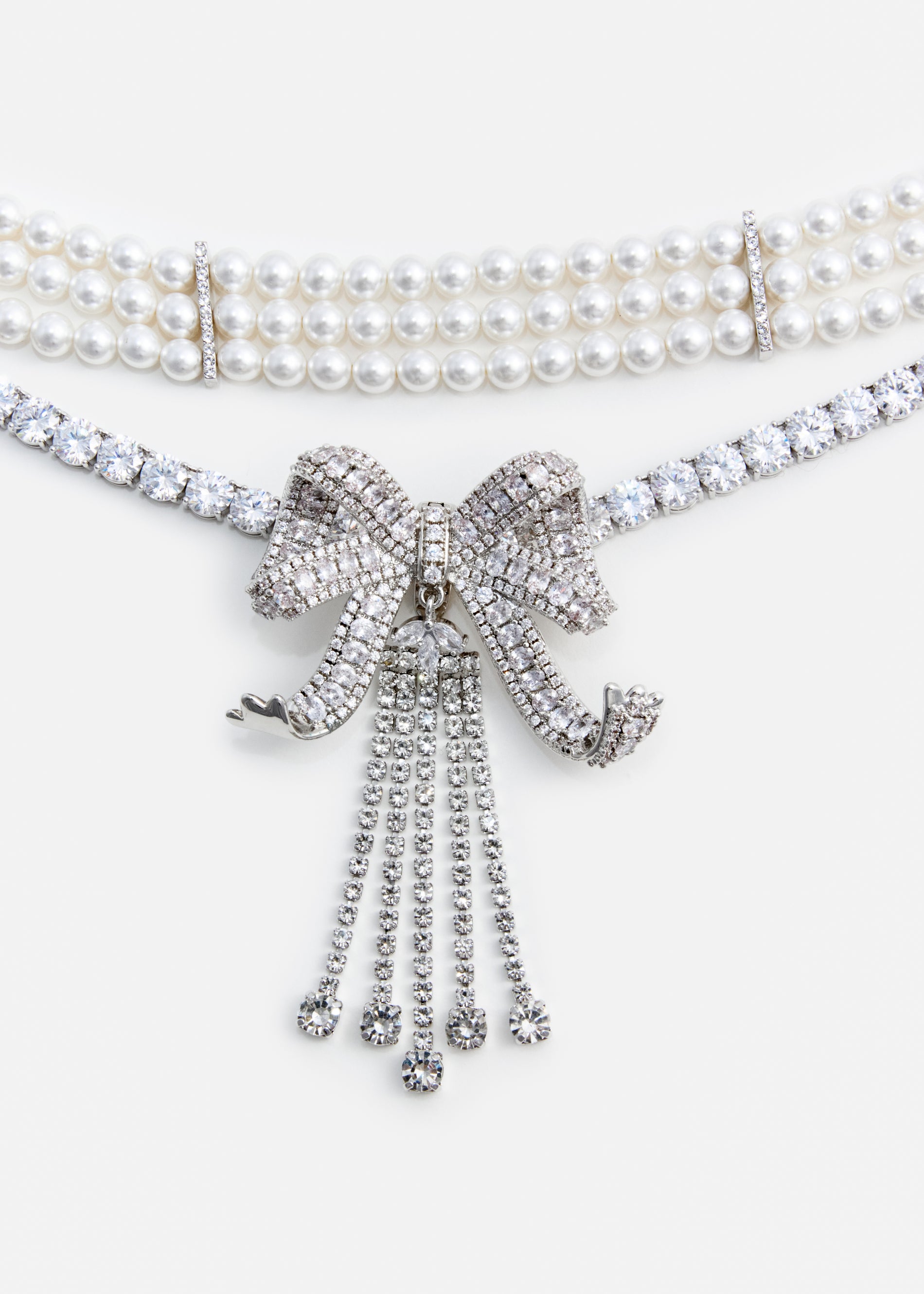 A photo of the Crystal Bow Droplet Pearl Necklace