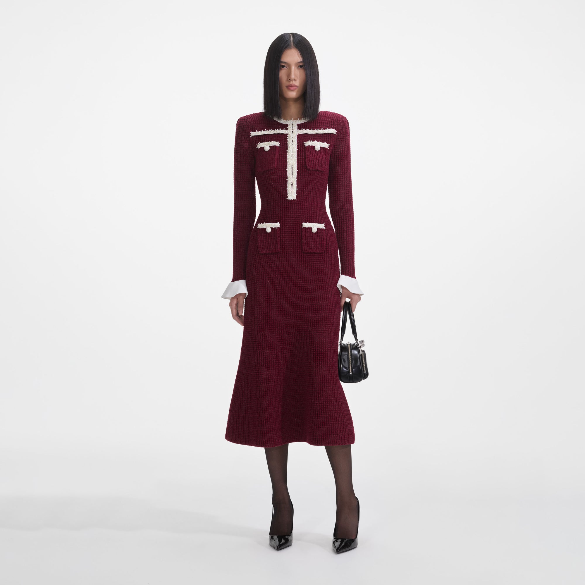 Burgundy Pearl Trim Knit Midi Dress