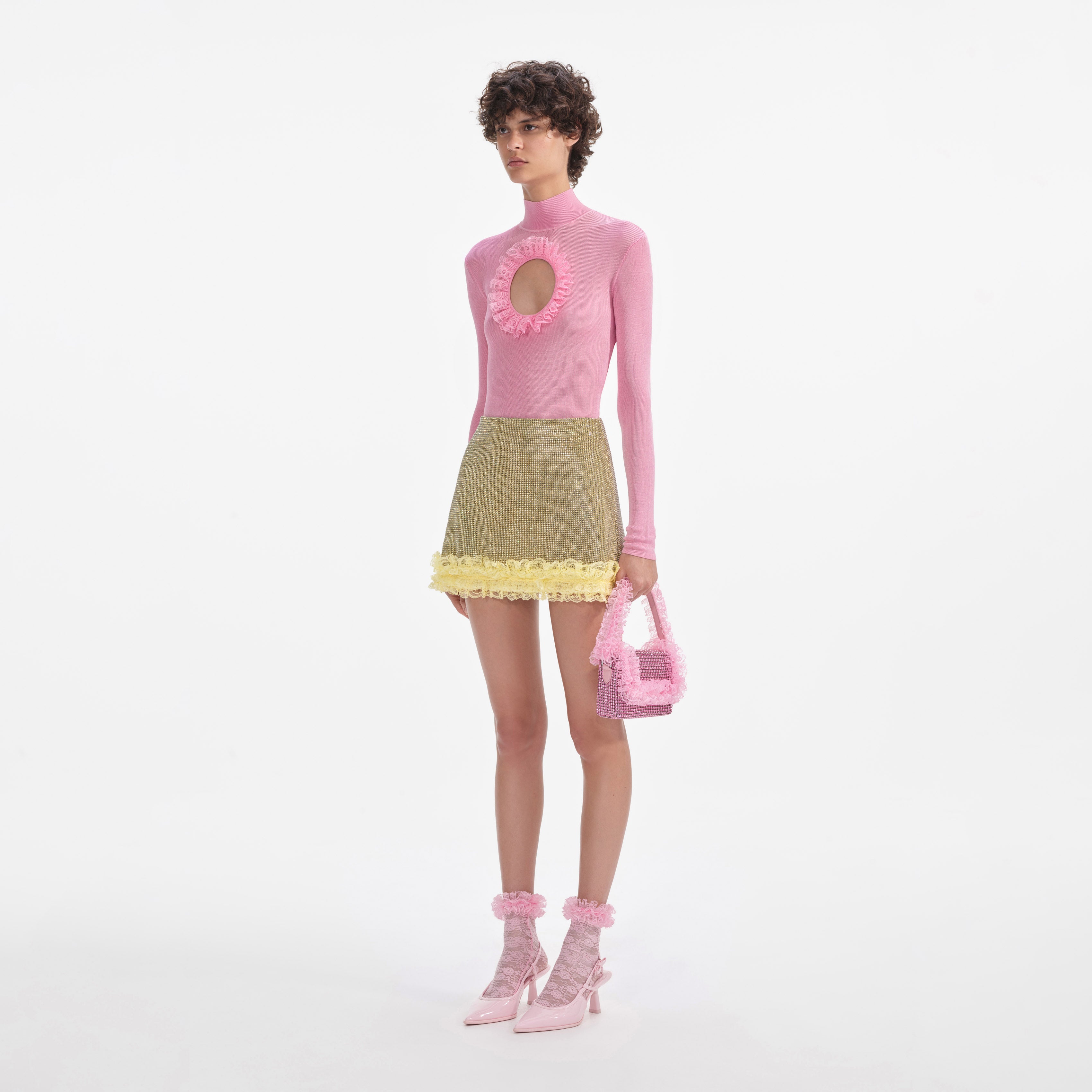 핑크 니트 컷아웃 바디수트