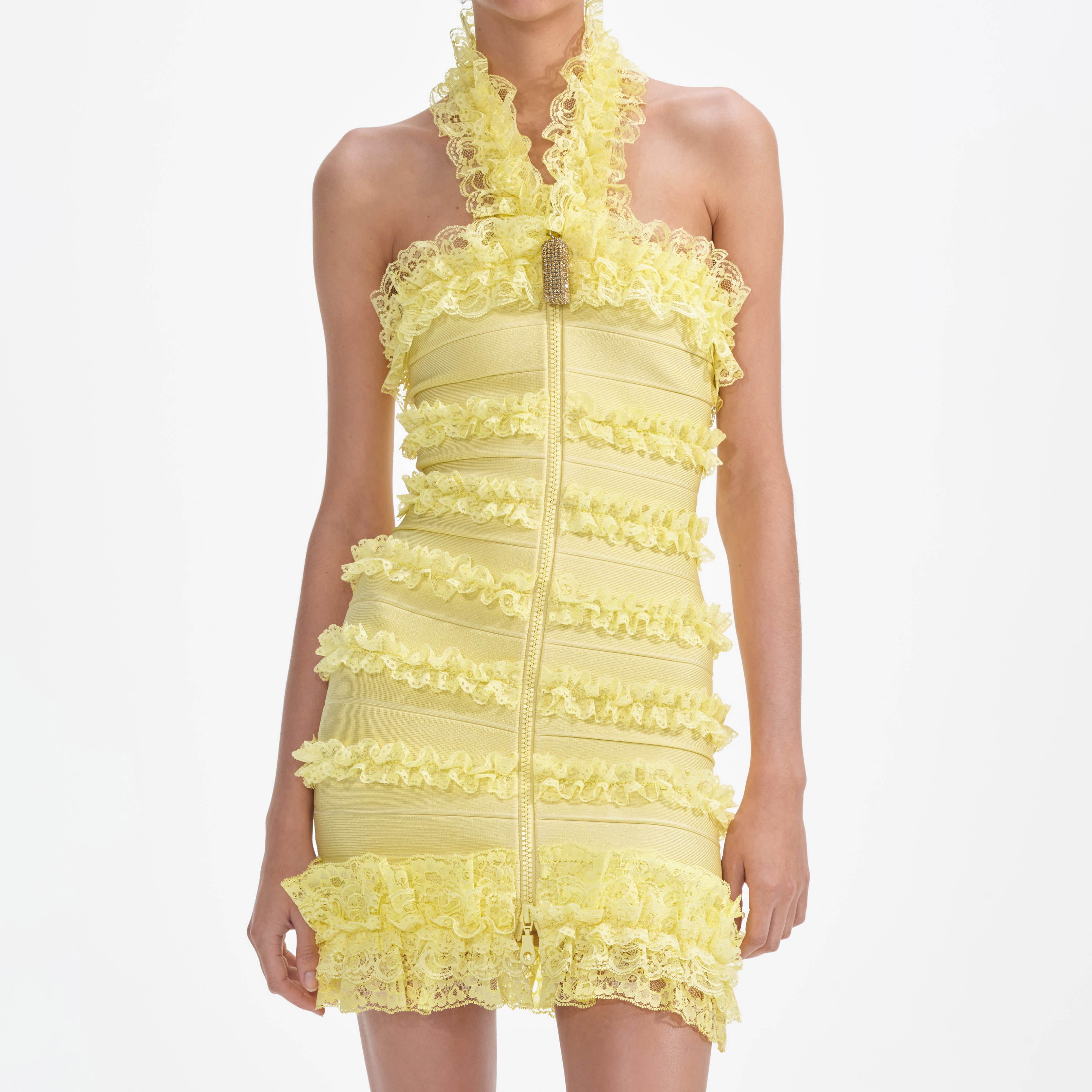 Yellow Knit Zip Ruffle Mini Dress – self-portrait