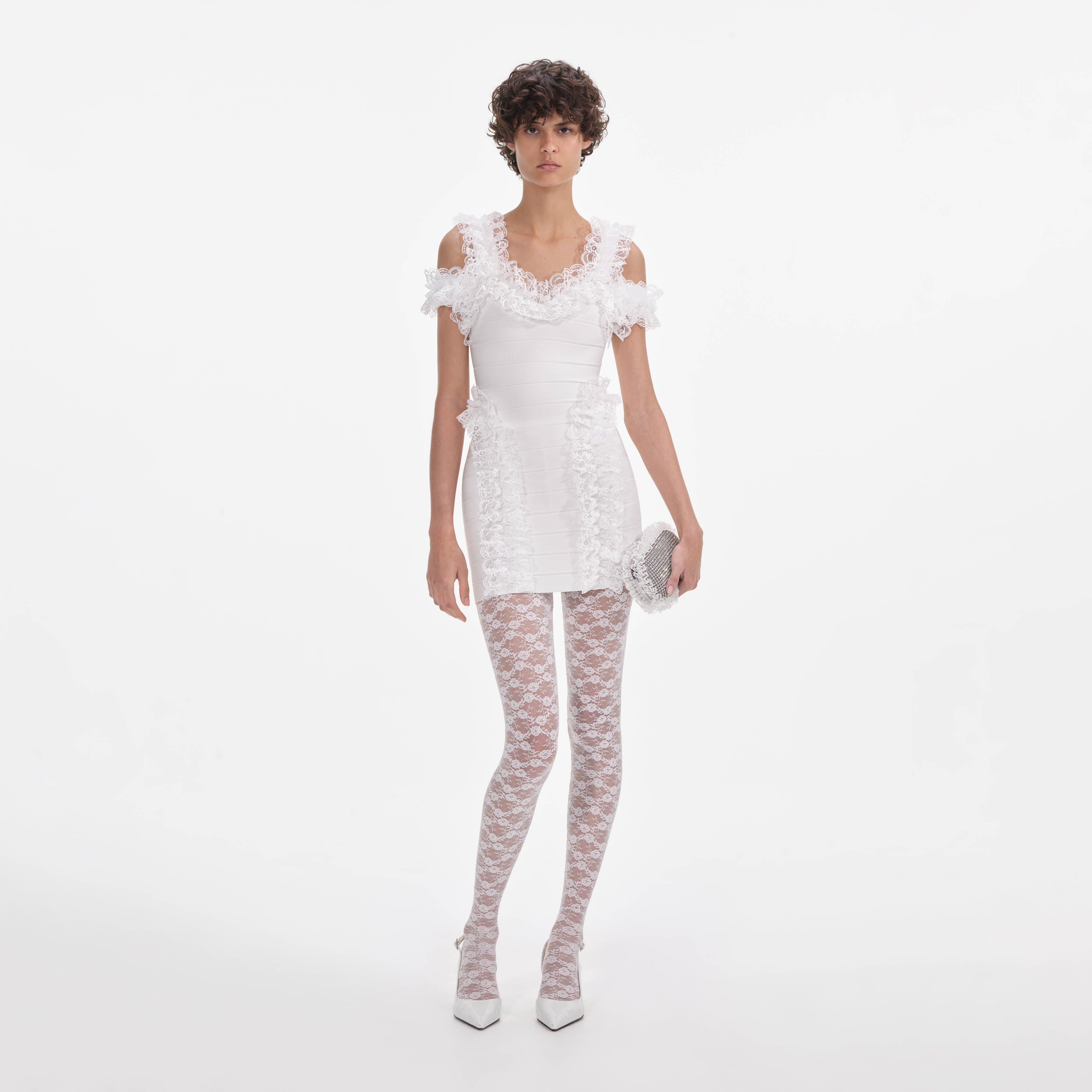 self-portrait ホワイトミニワンピース UK6 self-portrait Diamante Trim Mini Dress in White | REVOLVE
