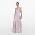Pink Metallic Chiffon Flower Maxi Dress