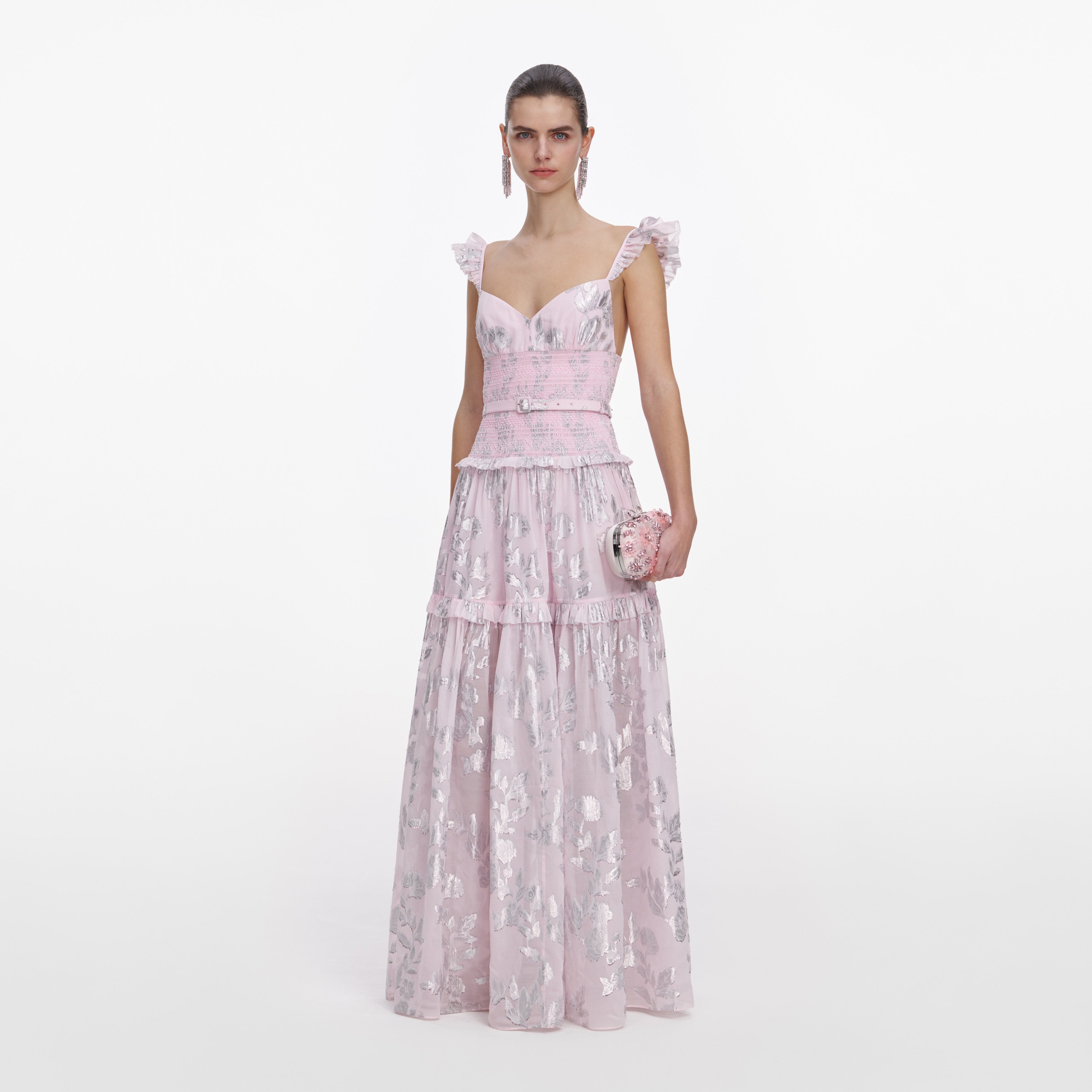 Pink Metallic Chiffon Flower Maxi Dress