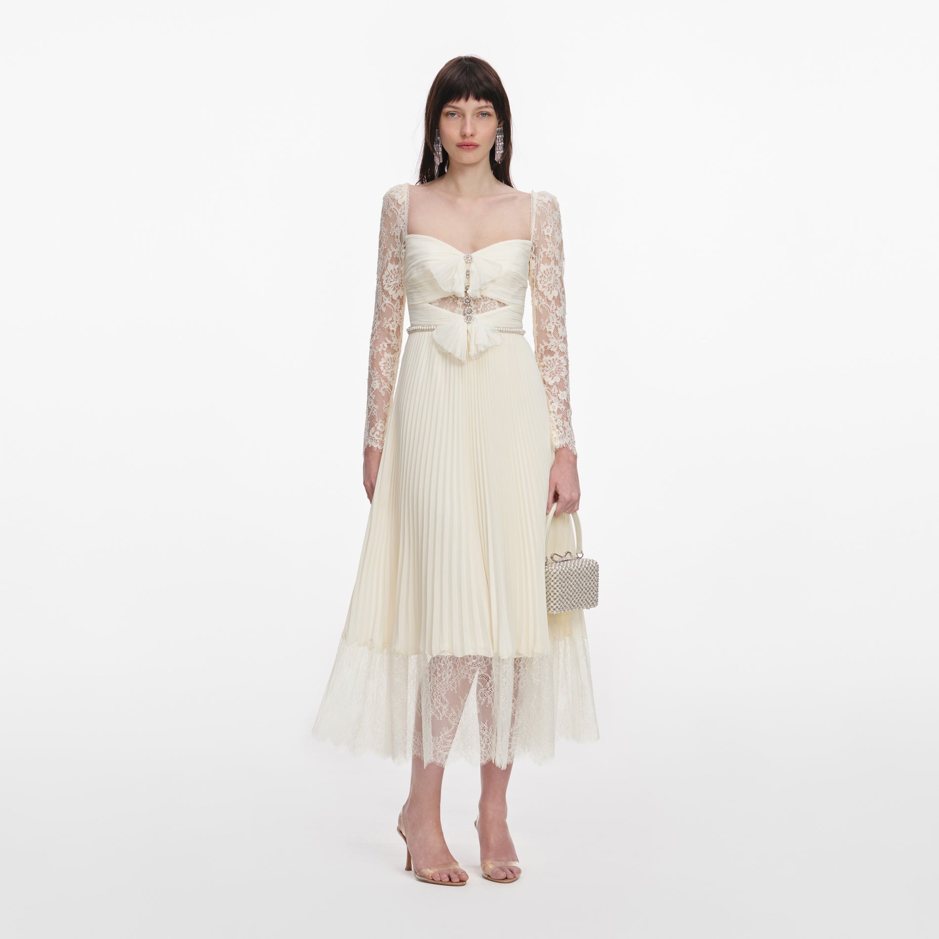 Front view of a woman wearing the Cream Chiffon Lace Midi Dress