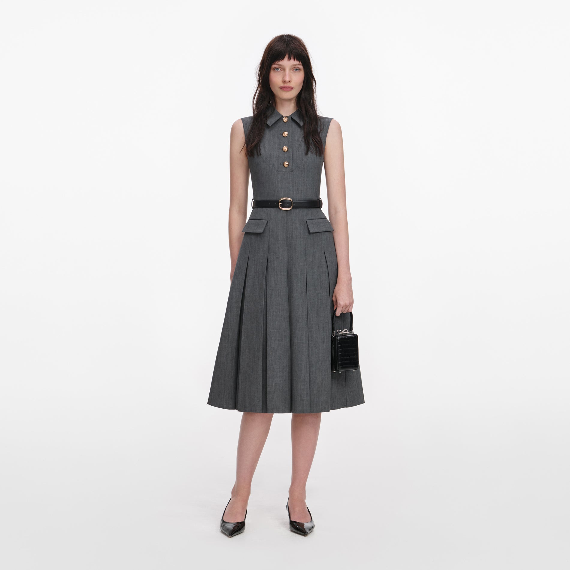 Grey Tailored Pleated Midi Dress