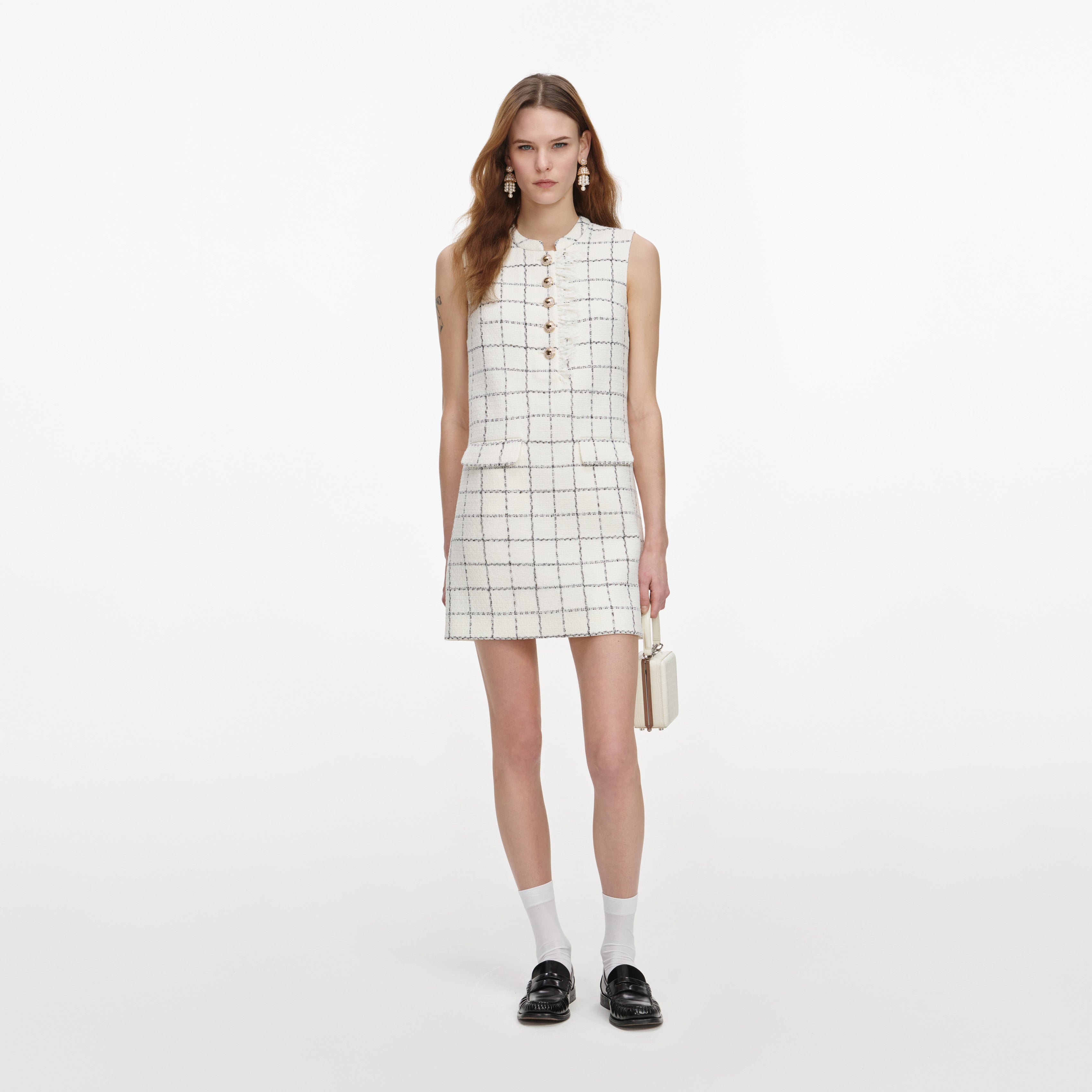 Check Boucle Lace Trim Mini Dress