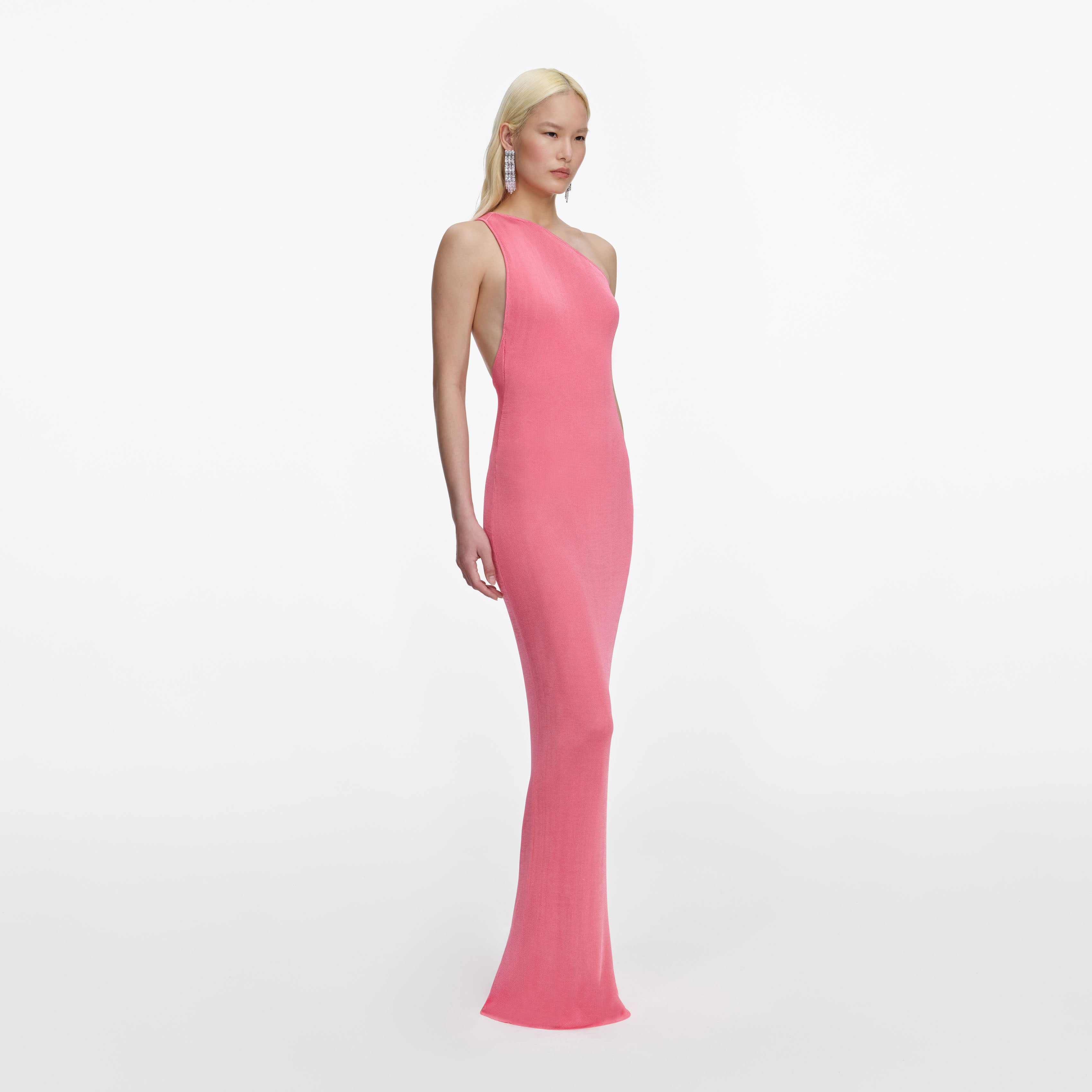 Pink Viscose Knit One Shoulder Maxi Dress