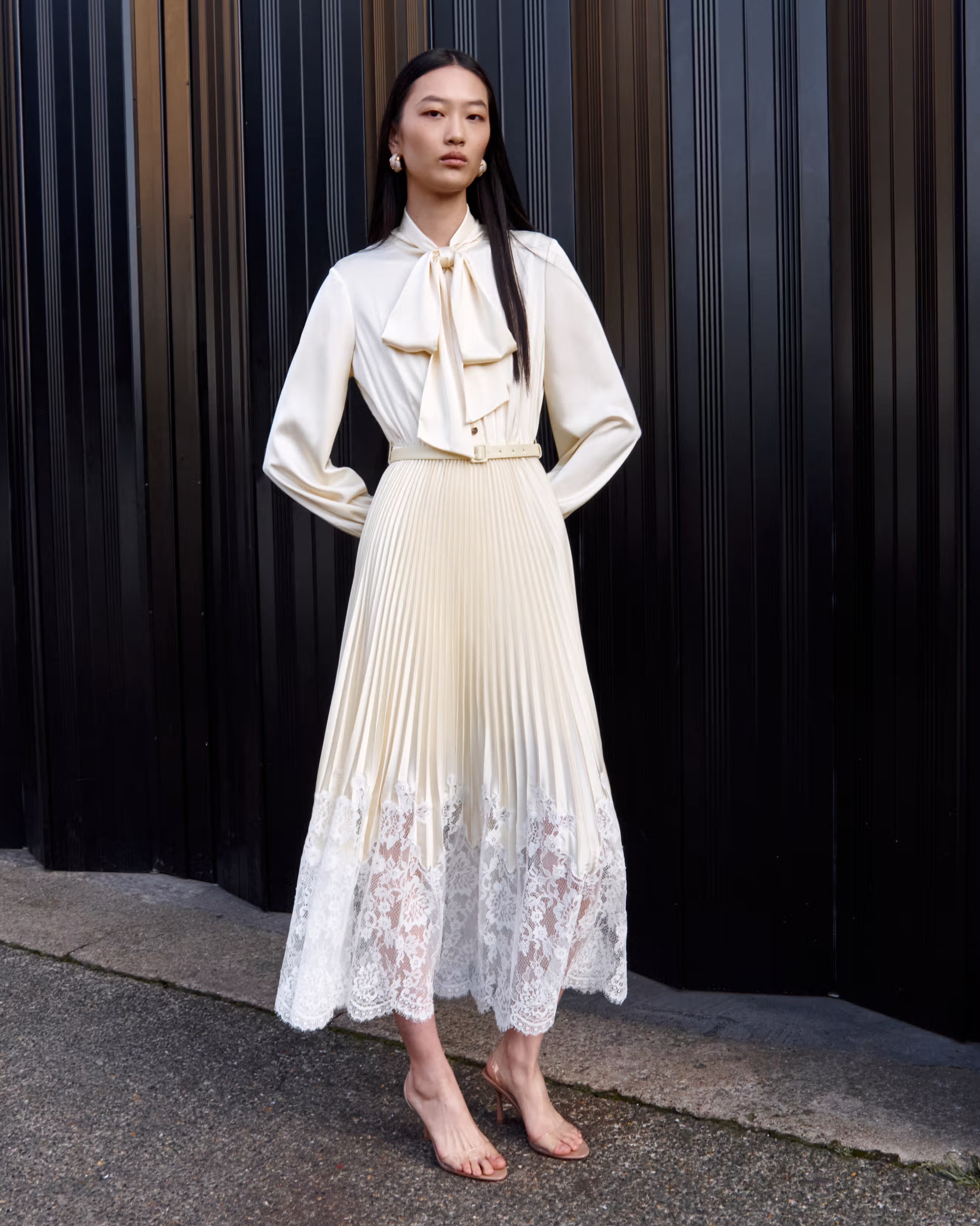 Yellow Satin Lace Midi Dress