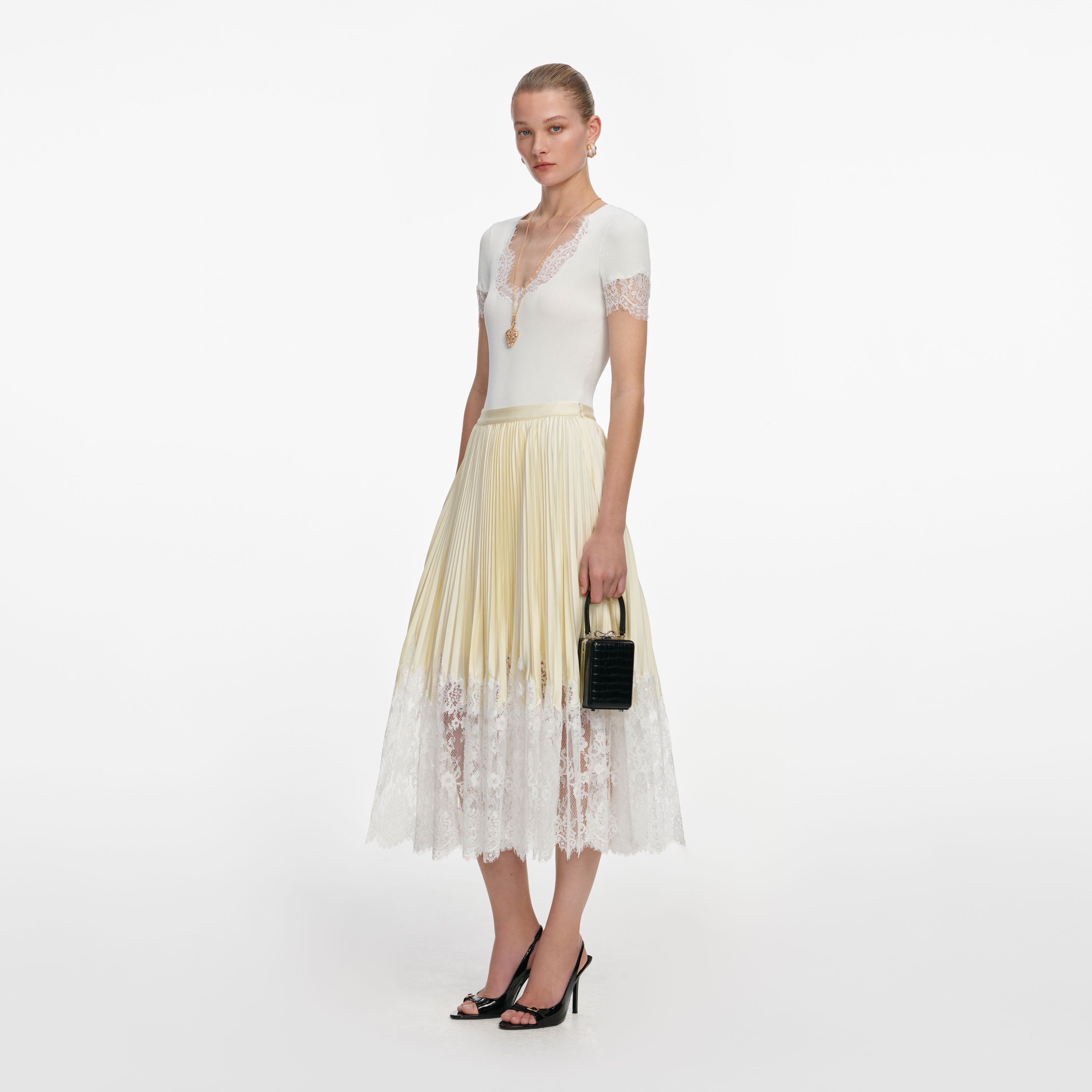 Yellow Satin Lace Midi Skirt